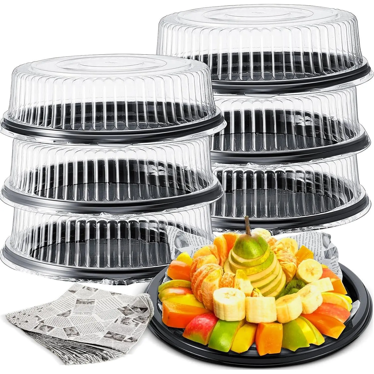 6Pcs Heavy Duty Round Serving Tray with Lids, 16 Inch Black, Practical Food Serving Platter Ideal for Home Kitchen Party Daily Use