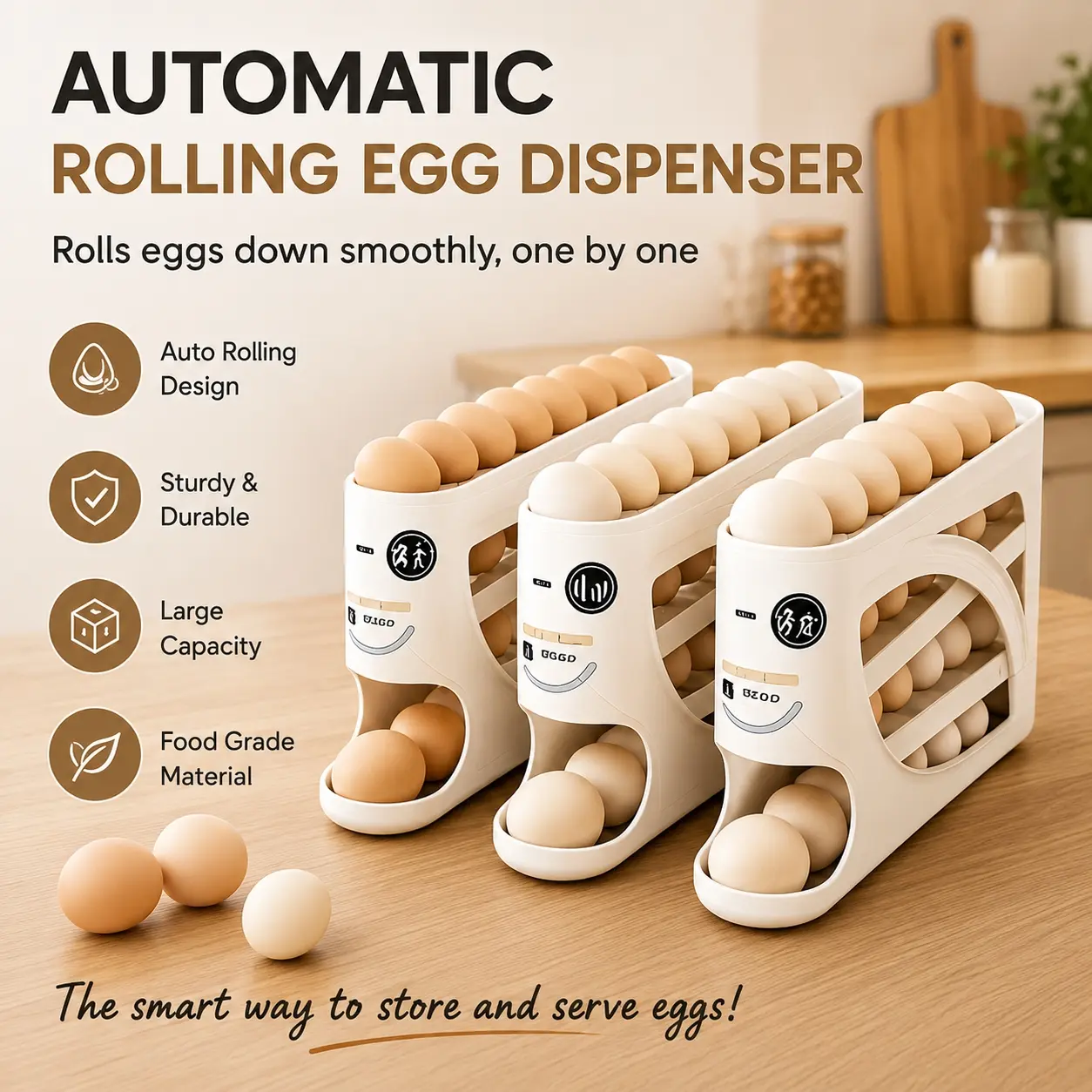 Automatic Rolling Egg Dispenser, Large Capacity Egg Holder Organizer for Refrigerator, Food-Grade Stackable Egg Storage Rack, Smooth Rolling Kitchen Egg Tray for Fridge, Countertop and Pantry Use