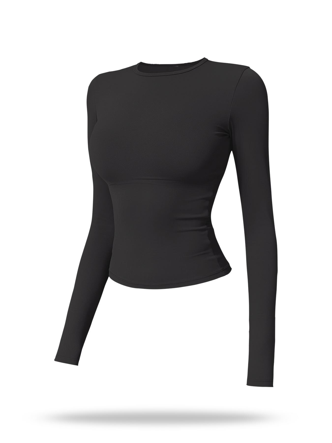 Women's Solid Long Sleeve Sports Tee, Sporty Round Neck T-shirt for Yoga Gym Workout Running, Ladies Sportswear for Spring & Fall, Gym Performance Top