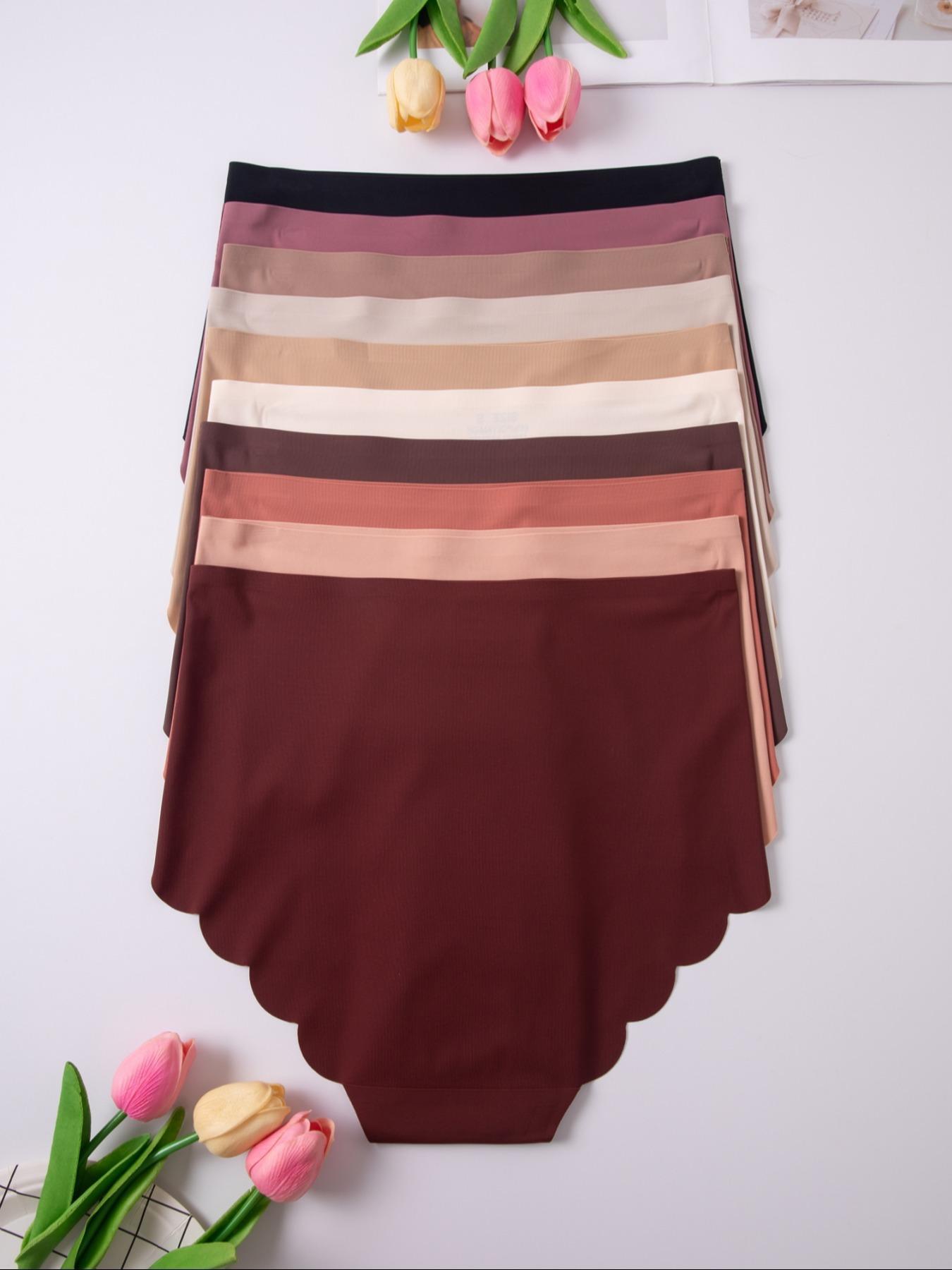 Women's Plain Scallop Trim Seamless Knicker, Soft Comfy Breathable High Waist Casual Panty for Daily Wear, Underwear for All Seasons