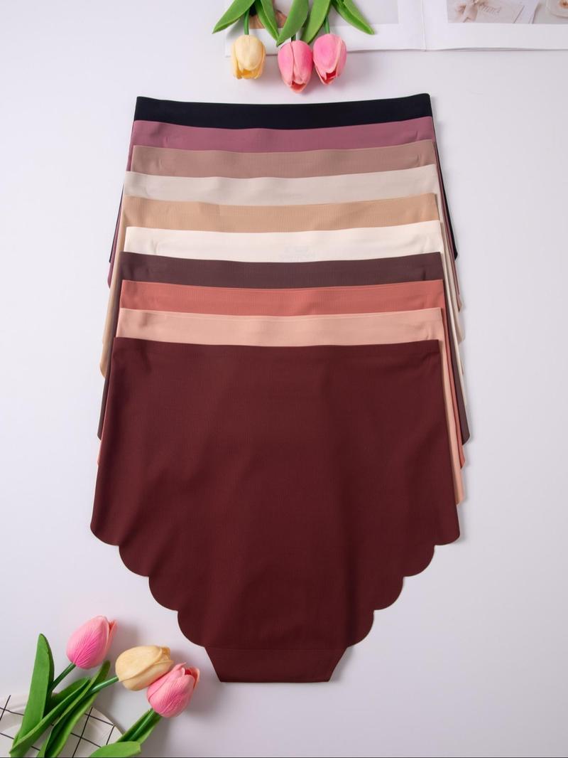 Women's Plain Scallop Trim Seamless Knicker, Soft Comfy Breathable High Waist Panty for Daily Wear, Underwear for All Seasons