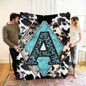 Western-Style Cowhide Leopard Print Blanket With Initials A-Z, Soft and Comfortable Flannel, A Warm Blanket Suitable for All Seasons, Perfect for Country-Style Bedrooms, Apartments, and Guesthouses,An Excellent Choice for A Personalized Birthday Gift.