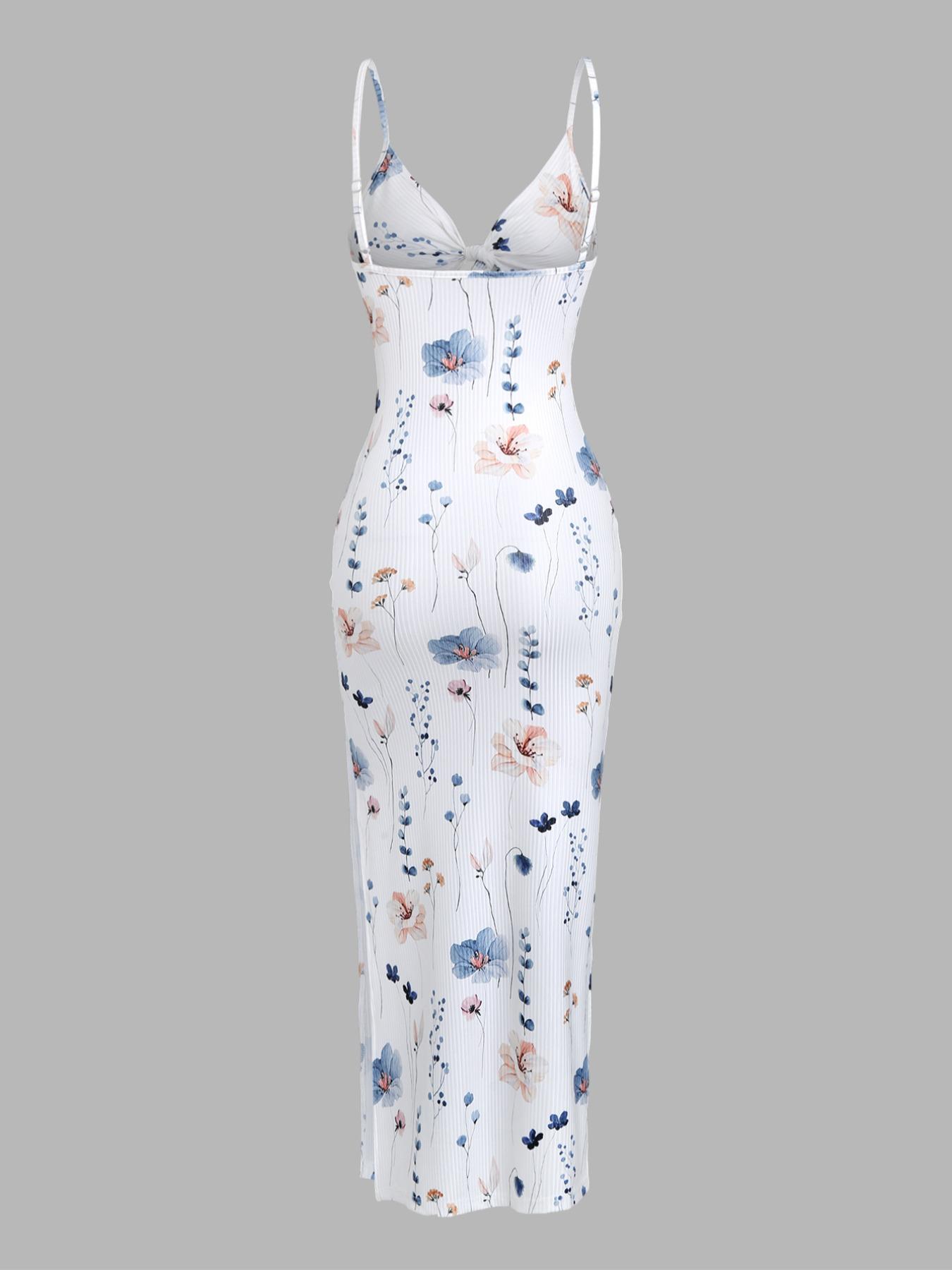 Women's Floral & Feather Print Cut Out Backless Cami Dress Adjustable Strap Split Thigh Long Dress for Summer, Ladies Clothes for Beach Holiday Boho Sleeveless Dress