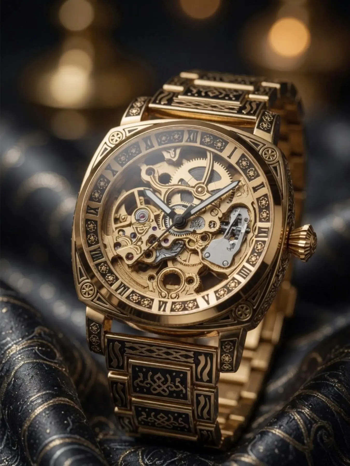 Vintage Engraved Hollow Men's Mechanical Watch, Luxury Alloy Case, Roman Numerals, Waterproof, Business Gift