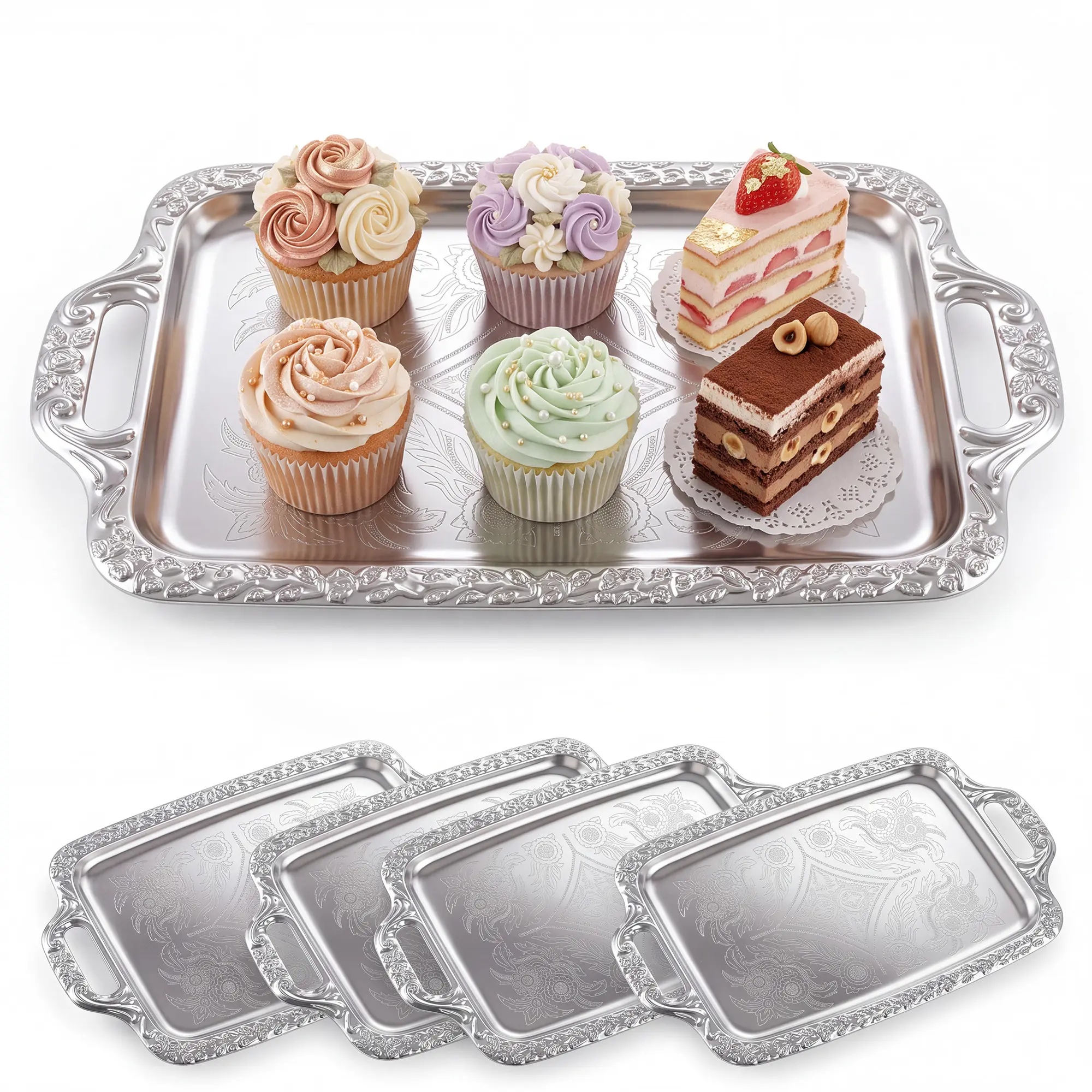 Garvee Ornate Silver Serving Tray with Handles - Decorative Rectangular Platter Set of 4 for Parties, Weddings & Banquets - Food-Safe, Dishwasher-Safe