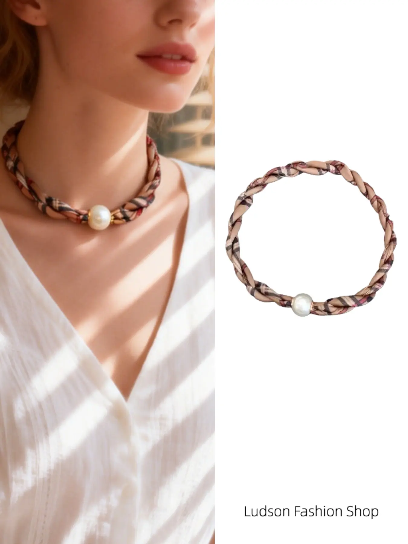 Pearl Magnet Clasp Necklace, Fashion Small Scarf Chain, Elegant Plaid Design, All-Season Accessory, Perfect for Holidays, Costume Jewelry Accessory