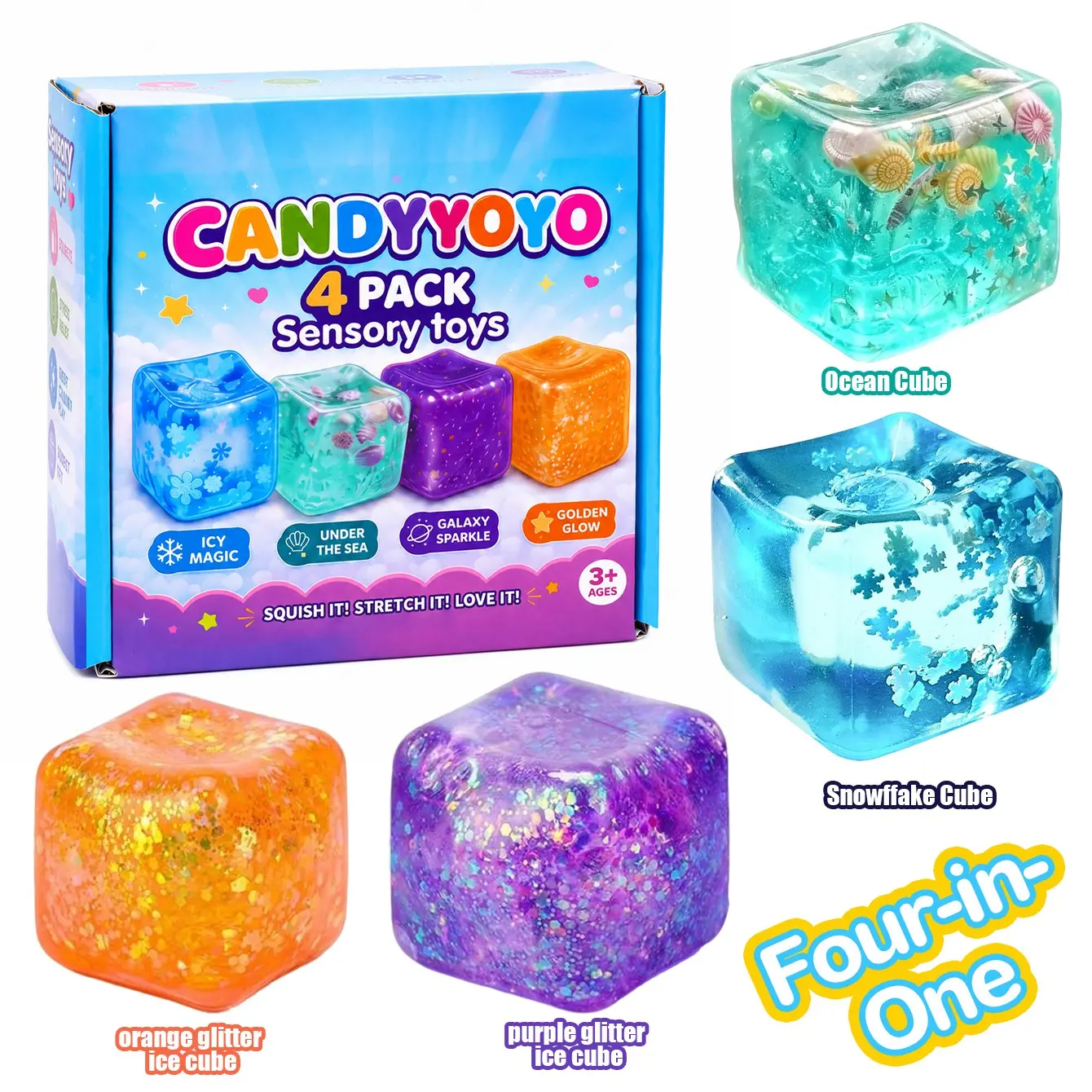 4-Piece Malt Sugar Stress Relief Fun Toy Set, Sensory Squishies Combo Pack, Ice Block Squeeze Toys, Kids Party Gift, Various Styles