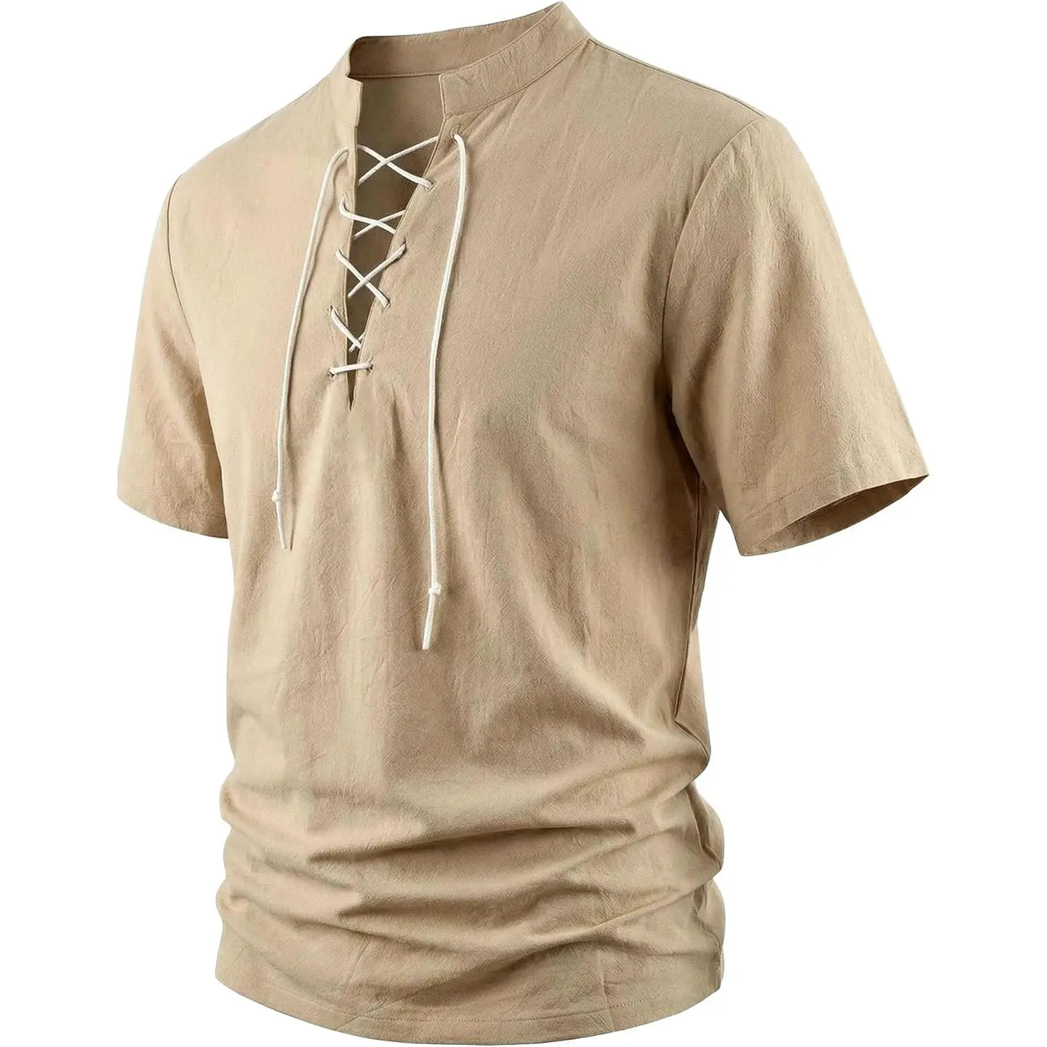 Renaissance Costume Medieval Long Sleeve Cotton Linen Lace up Shirt Halloween Cosplay Costume