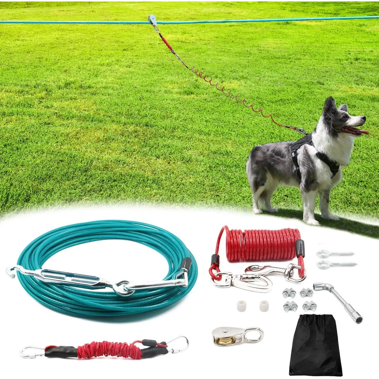 100FT Dog Run for Yard Heavy Duty with 10FT Tie Out Cable, Outdoor Leash Trolley System for Large Dog to 300Lbs