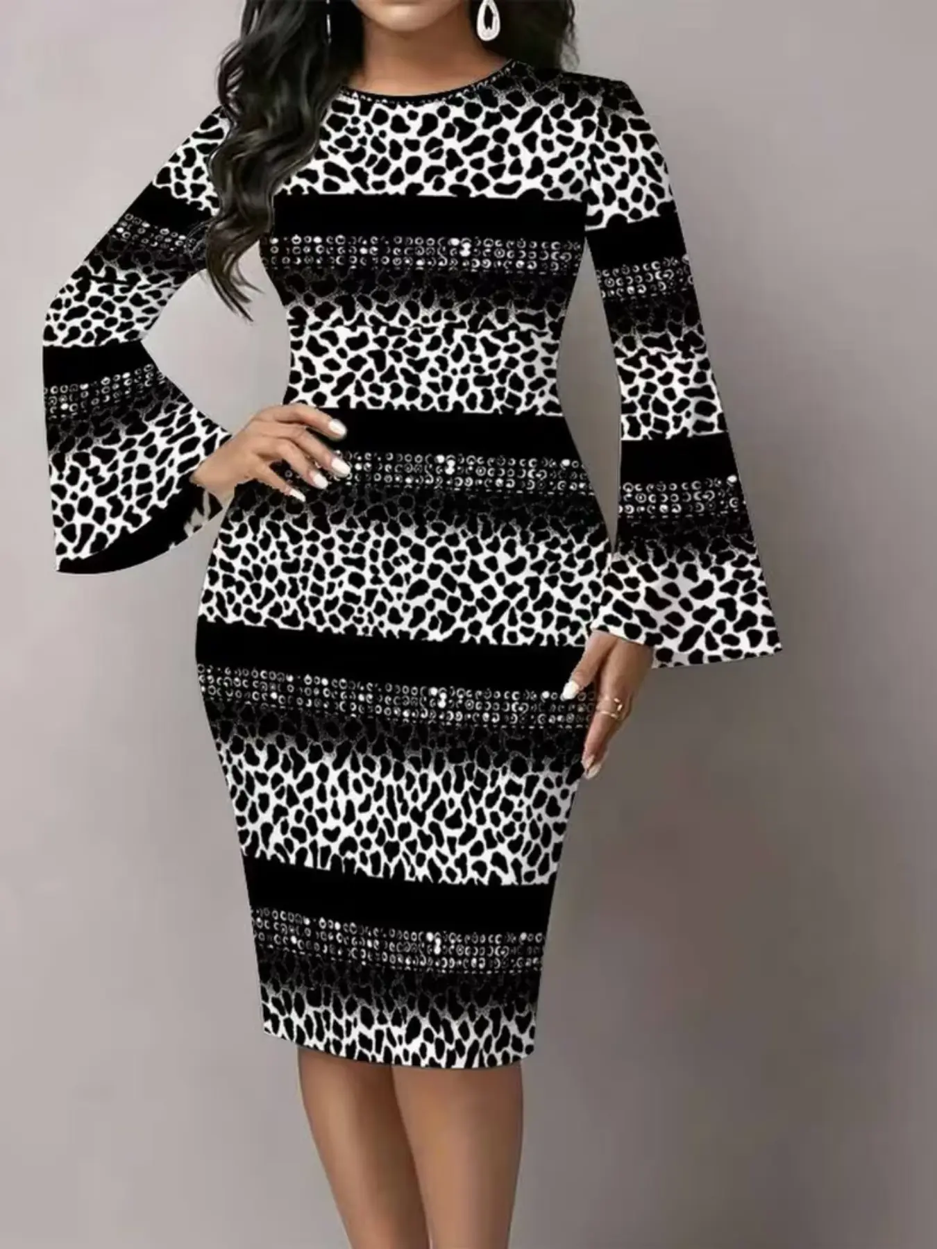 Women Sublimation Print Bodycon Midi Pencil Dress, Crew Neck Bell Long Sleeve Slim Fit Dress, Black White Leopard Striped Splicing Graphic Print for Night Club, Cocktail Party, Date Night and Fashion Semi‑Formal Events