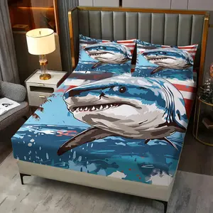 Flag Great White Shark Ocean Scene 3‑Piece Fitted Sheet Set, No Filling Included, Soft Bedding Set, Patriotic Marine Vibe Decor for Coastal Master Bedroom, Nautical Suite, Ocean Patriot Themed Bedroom
