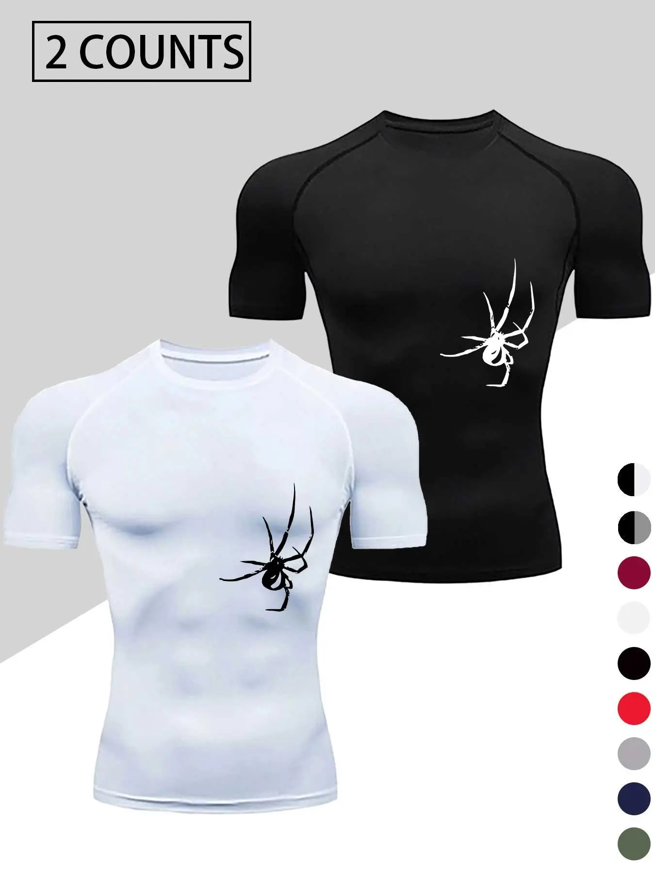 Men's Sport Compression T-Shirt Set, Quick-Dry Athletic Top, Polyester Spandex Fabric, Short Sleeve Round Neck, Spider Print, All Seasons