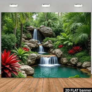 2D Flat Banner Polyester Photography Backdrop, HD Digitally Printed Tropical Waterfall Jungle Nature Scene Background Cloth with Lush Greenery and Red Plants, Soft Lightweight Foldable Machine Washable Photo Background for Party D