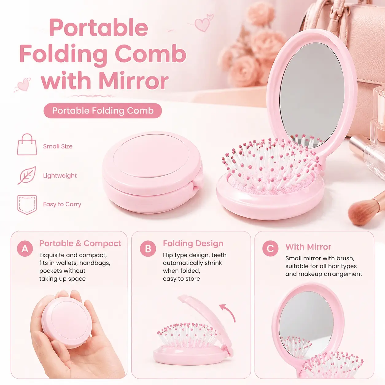 Portable Folding Mirror with Comb, 2-in-1 Compact Makeup Mirror, Travel-Friendly Vanity Mirror for Purse, Dorm & Home, Shatterproof Design, Must-Have Beauty Tool for On-the-Go Touch Ups.
