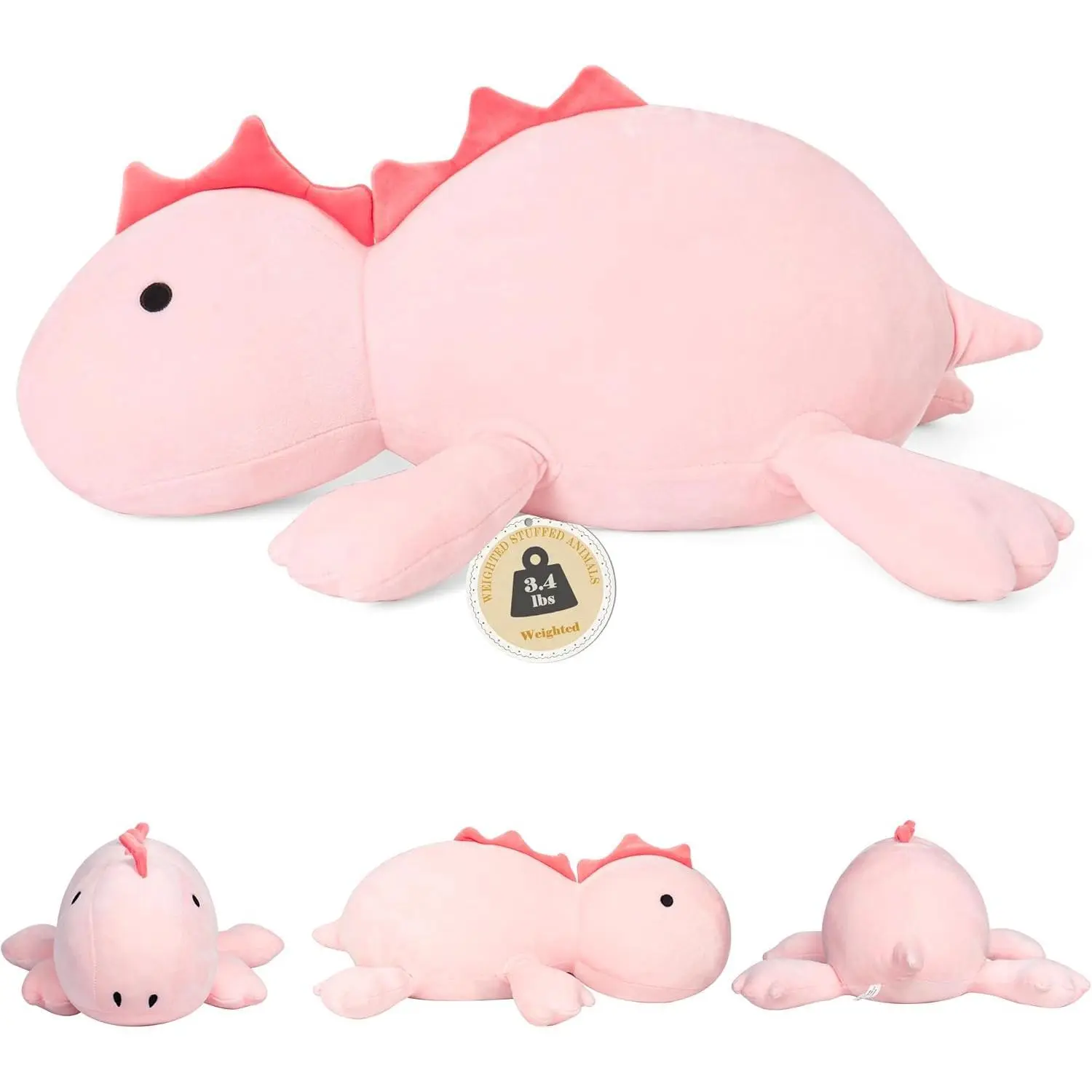 IdeaMeme 22-in Pink Dino Weighted Stuffed Toy - 3.5 lbs Unisex Stress Relief Plush, Turtle/Chicken/Cow Animal-Nature Themed Pillow Gift for Kids, Soft Toy