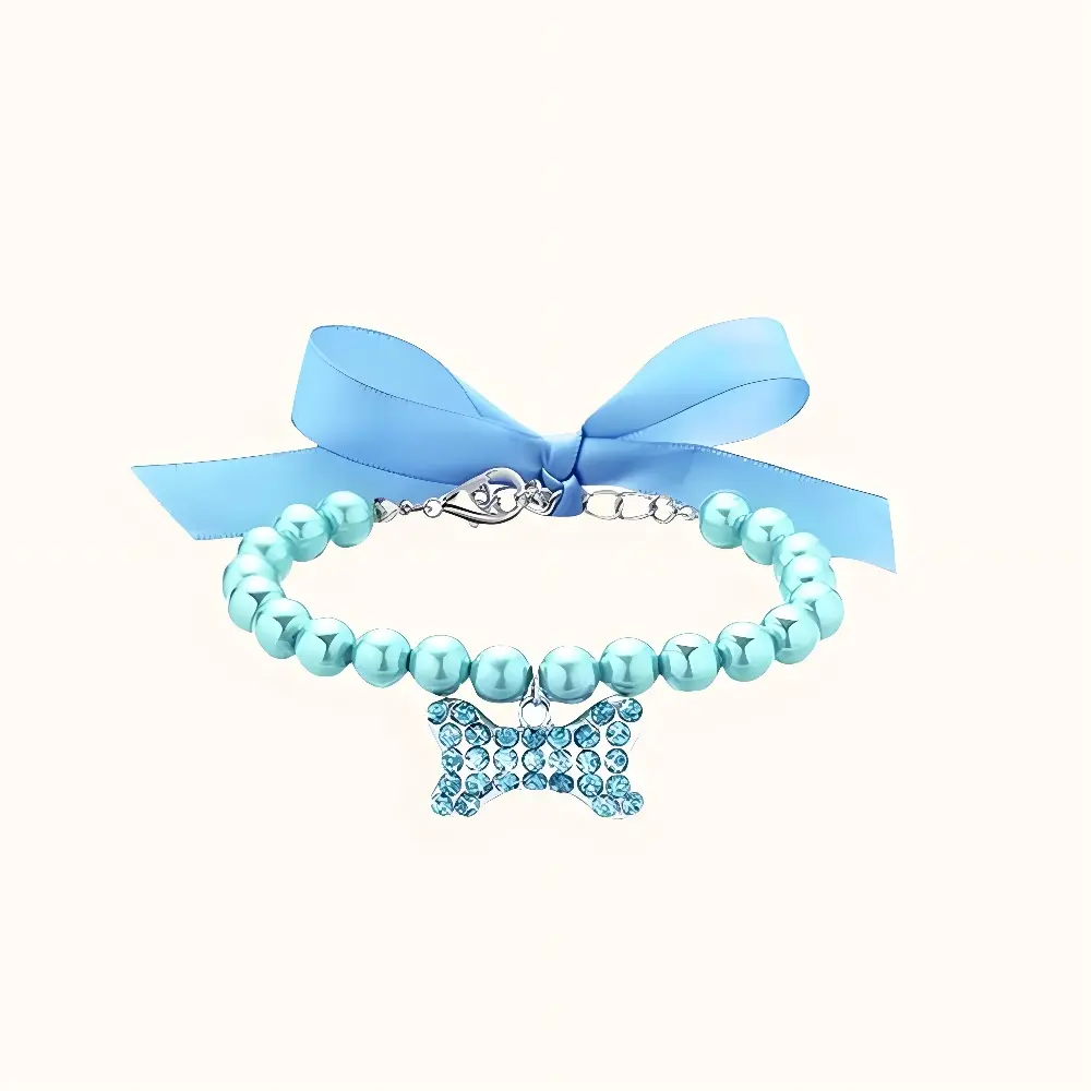 Elegant Pearl Pendant Pet Collar for Small Dogs, Adjustable 1cm Width Polyester Necklace with Bone Charm, Firm Clasp, Safe Wear for Weddings & Everyday Use, Small/Medium, Lightweight Design, Parties, S: 6.7–9.4 In Neck, Keep Away From Water And Perfume, W