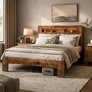 King Size Wooden Bed Frame with USB Charging & LED Shelf Headboard, Dark Brown – Noise-Free Slats, Large Underbed Storage, Easy Assembly, No Box Spring Needed