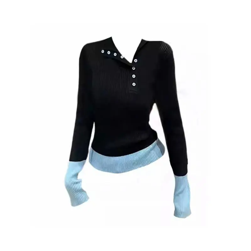 2000s Women Black Gothic V-Neck Knitwear Pullover Long Sleeve Patchwork Knit Sweater Harajuku Vintage 2000s Emo Sweater Clothes Autumn Womenswear Tops