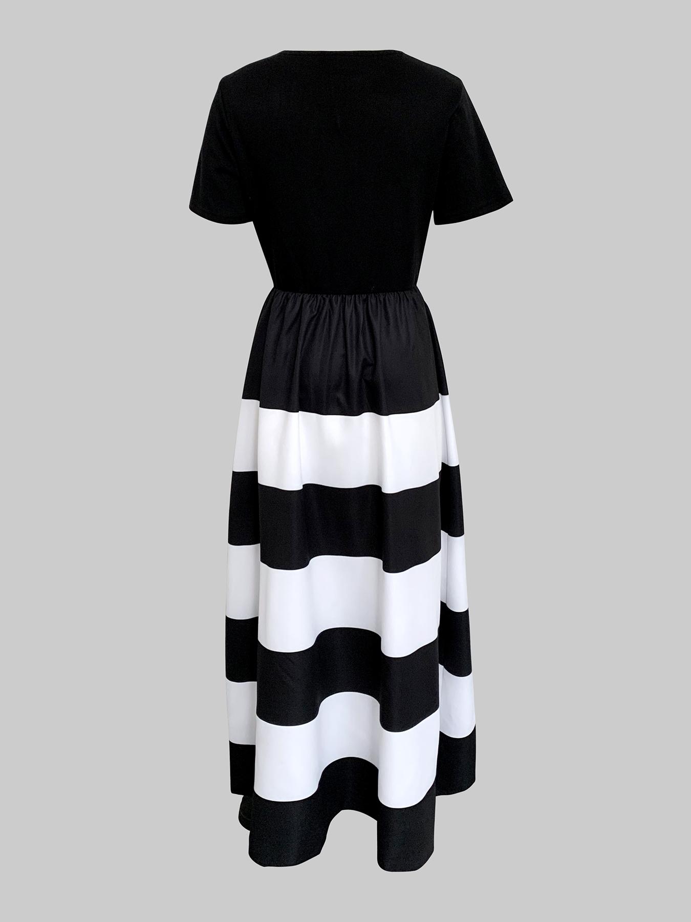 A-Line High-Waisted Striped Dress, Loose-Fitting Short Sleeve Long Dress with Pockets, Casual Summer Fashion, Casual Elegance Chic