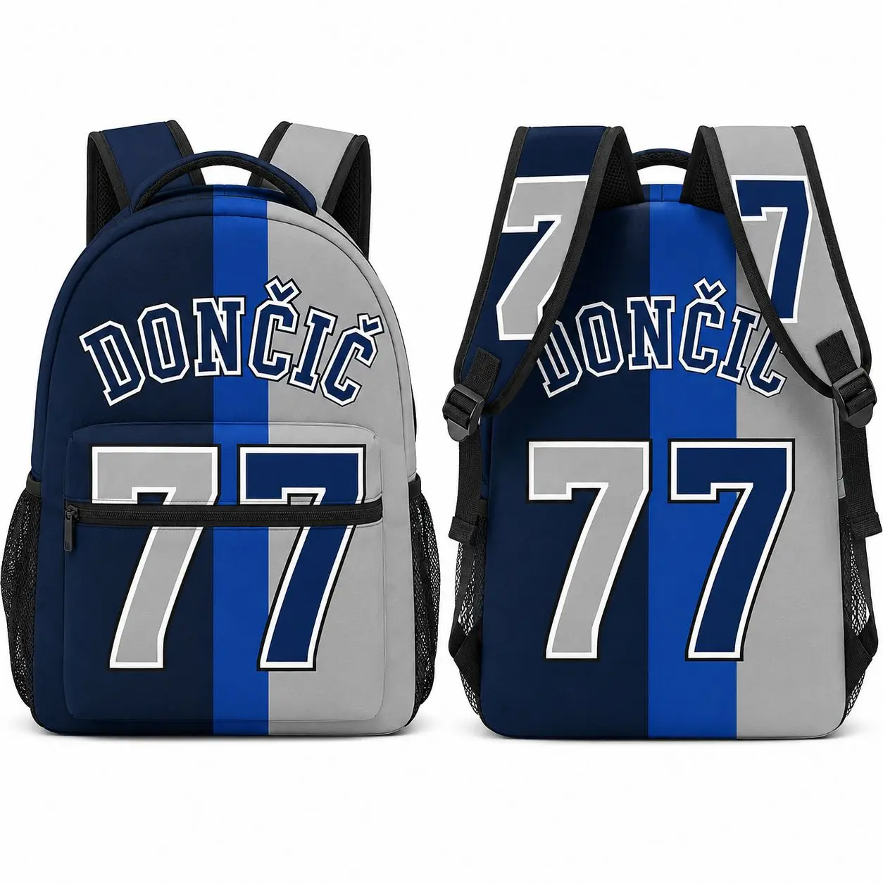 Navy Blue Number 77 Basketball Backpack for Kids Teens, Silver Color Block Varsity Jersey Style School Bookbag with Front Zipper Pocket, Dual Mesh Side Pockets and Top Handle, Sporty Student Daypack for Boys Girls, Back to School, Classroom and Travel