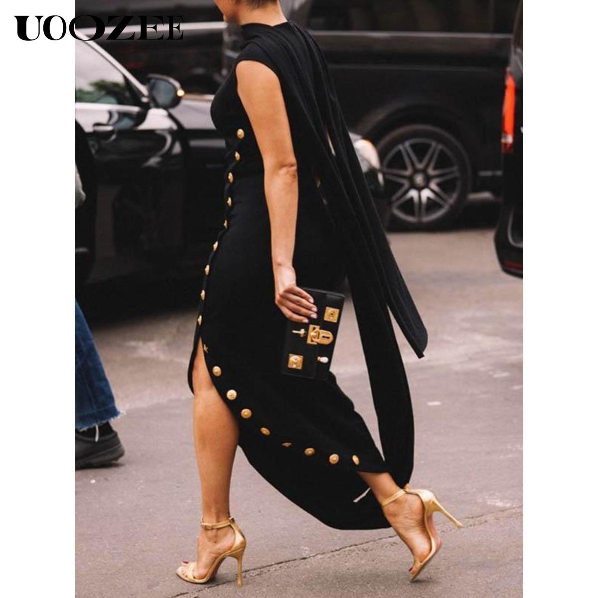 UOOZEE Women's Casual Maxi Dress - Loose, Sleeveless, Solid Black, Split-Side, Shawl Collar, High Neck, Cotton, Button-Accented, Summer Womenswear