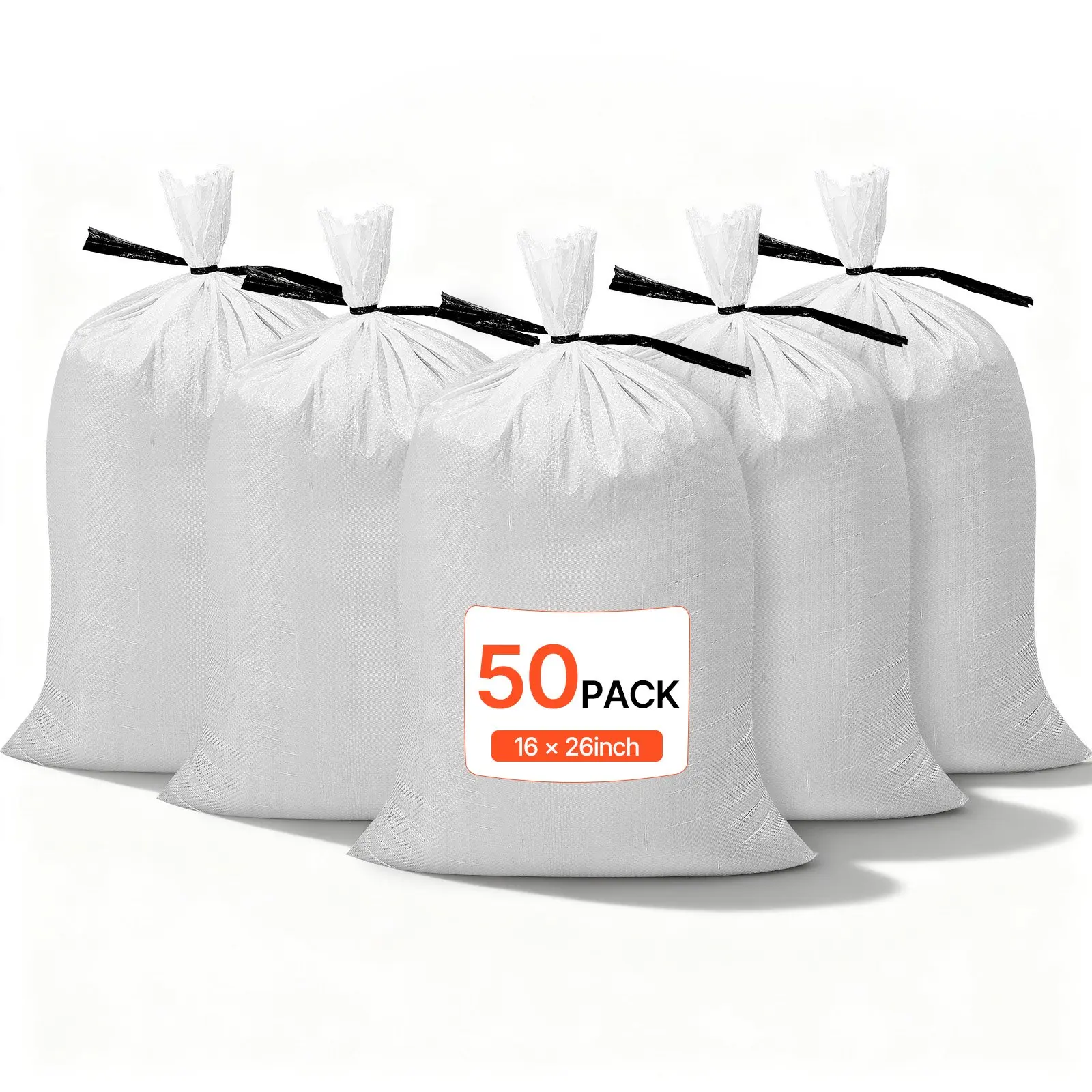 Heavy Duty Sand Bags, 50Pack 16" x 26", Empty Sandbags for Flooding with Tie Strings, Woven Polypropylene Sand Bag with 1600 Hours of UV Protection, 50Lbs Capacity