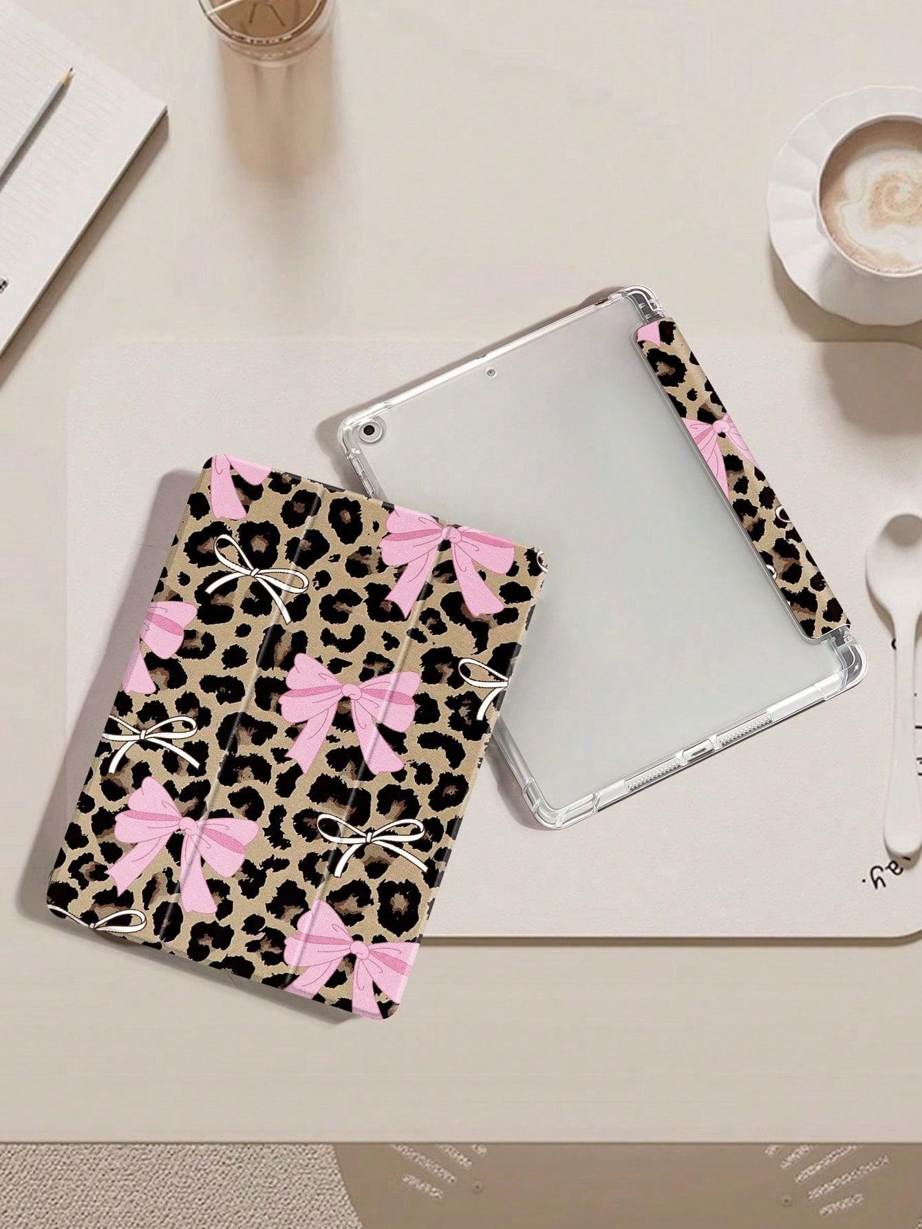 Leopard Bow IPad tablet Case, Compatible with Ipad 10th gen,ipad Mini 4/5/6/7, 2024 air 11inch, 11th 2025, 2019/2020/2021 10.2inch, air 5/6/7, and Samsung A7/A8/A9/S7/S8/S9, Automatic Wake Up/Sleep/built-in Pen Slot, Three-fold Protective Tablet Case