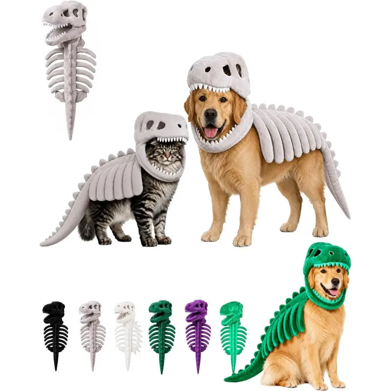 3D Dinosaur Skeleton Pet Costume – Soft Plush T-Rex Halloween Outfit for Dogs & Cats