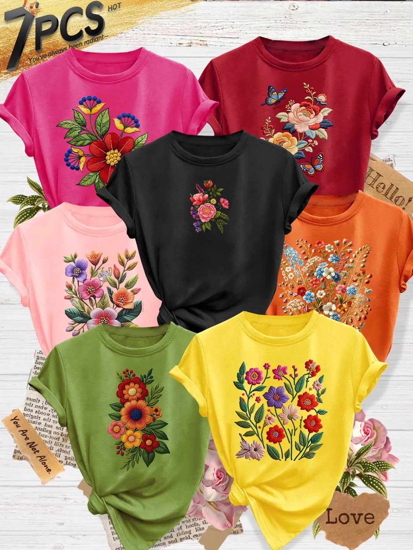 7Pcs Women Heather Crew Tee, Casual Butterfly Wild Fresh Floral Flower Print, multi-color, washable, soft spring summer tee