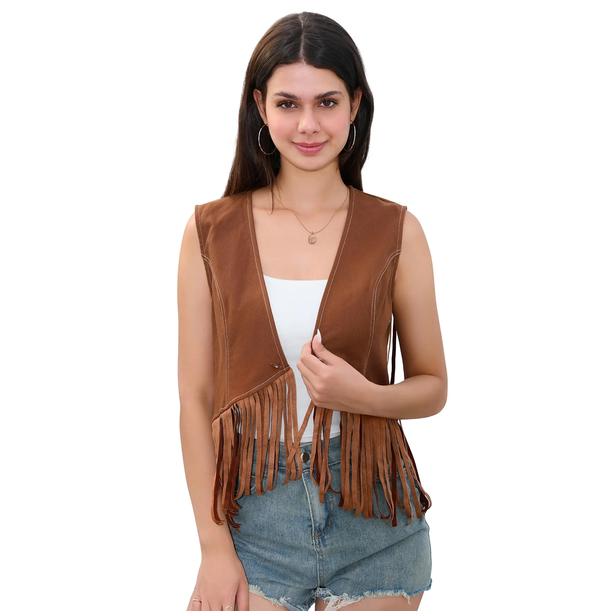 Clearance Sale  YesFashion Women's Denim Style Fringe Cropped Vest 100% Cotton Contrast Stitch Sleeveless Button Front Vest Casual Western Cowboy Layering Top for Spring Summer Fall Wear
