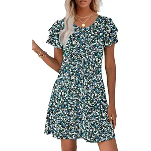 Women's Summer Dresses 2026 Ruffle Sleeve Sundresses Casual Beach Mini Dresses with Pockets