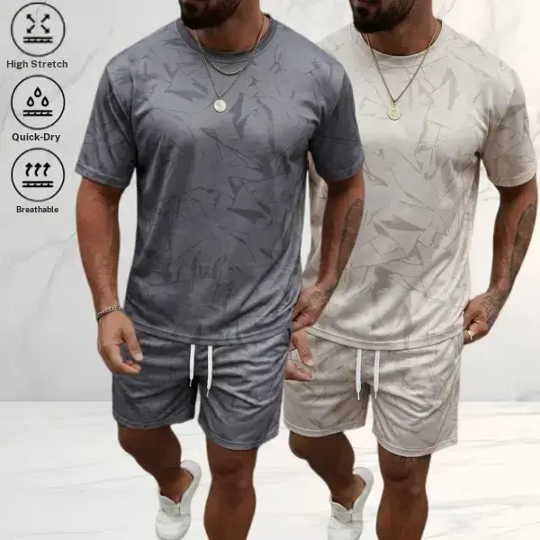 Men’s summer casual sports set: short sleeve crewneck top and shorts with a drawstring elastic waistband. Versatile for everyday wear, commuting, running, fitness, shopping, and vacations.