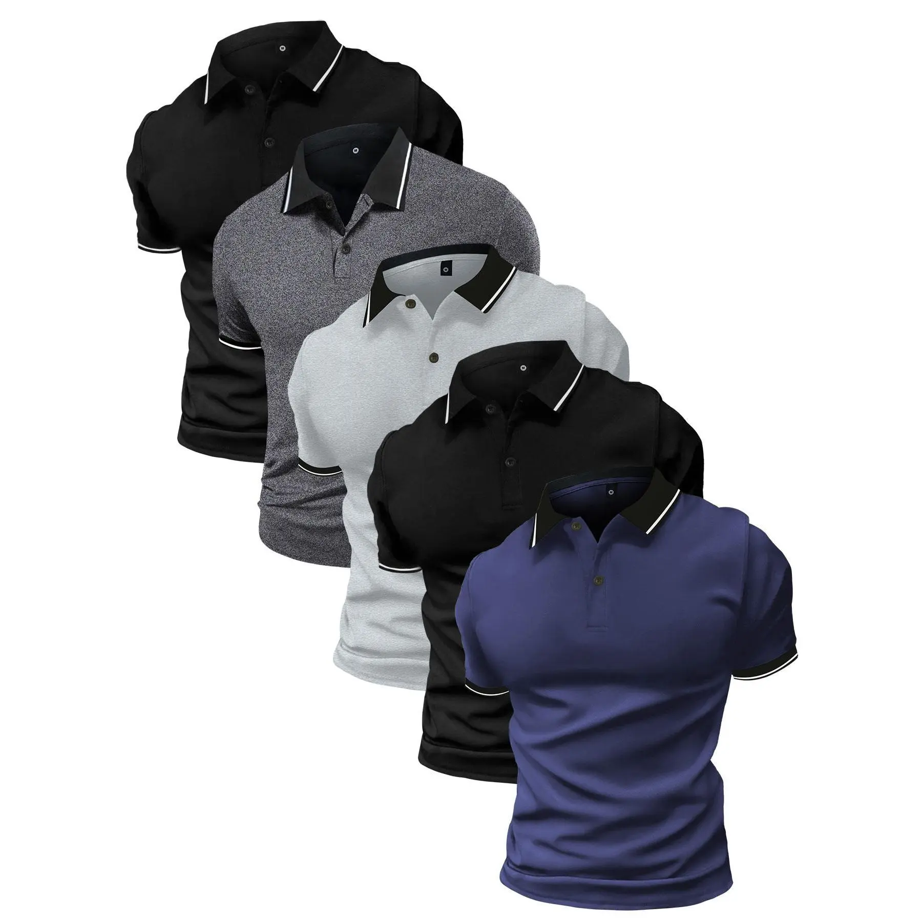 1/5-Pack Men's Polo Shirts, Short Sleeve Casual Collared Tops with Contrast Stripe Collar and Cuffs, Assorted Colors, Business Casual Golf Shirts for Work Travel Daily Wear, Summer Essentials and Gifts for Men