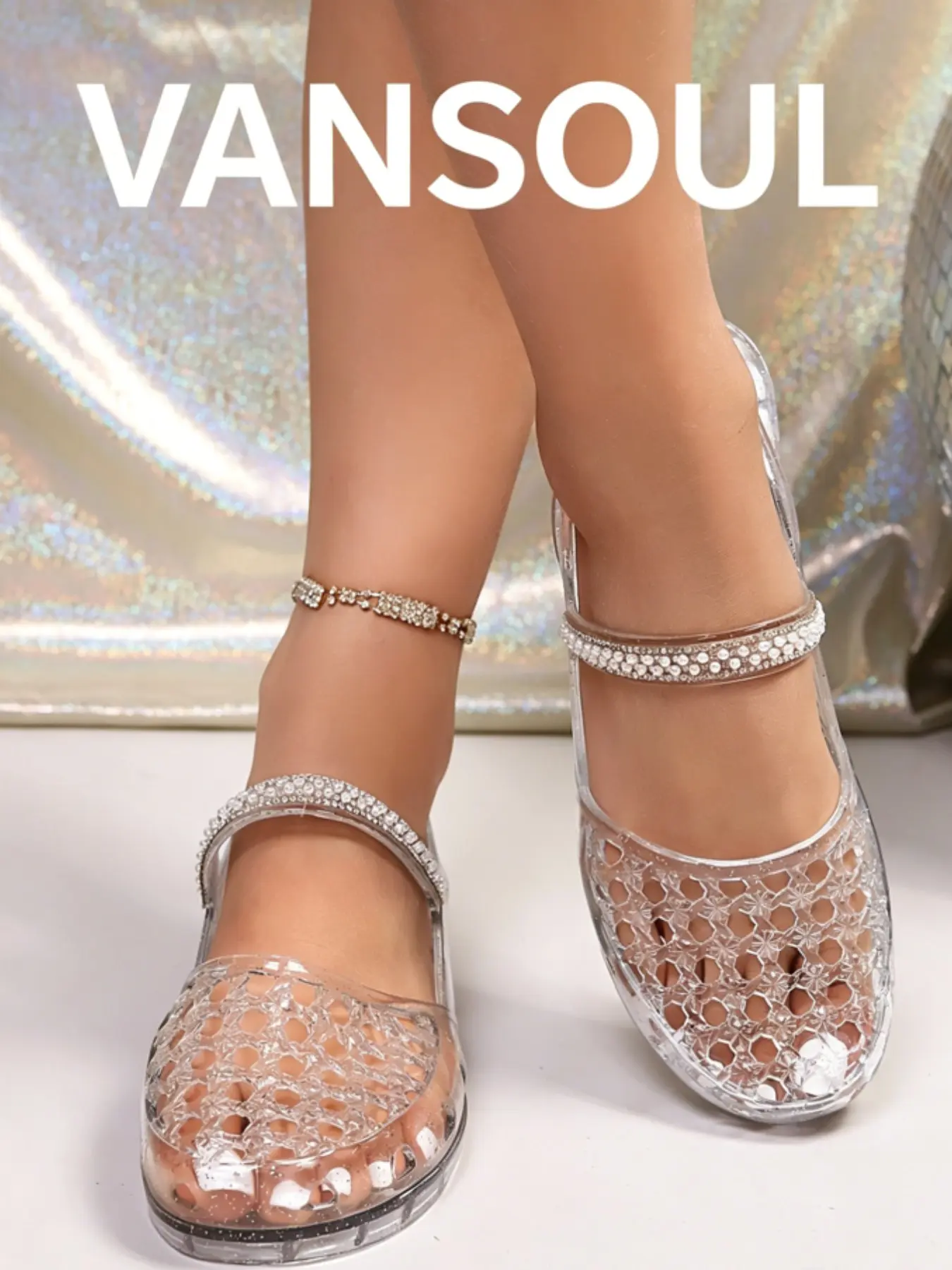 Vansoul Beach Shoes, Sparkly Crystal Jelly Fashion Sandals, Hollow Out Roman Slippers, Classic Sandal, Thick Sole Chic Summer Footwear for Women, Student Shoes