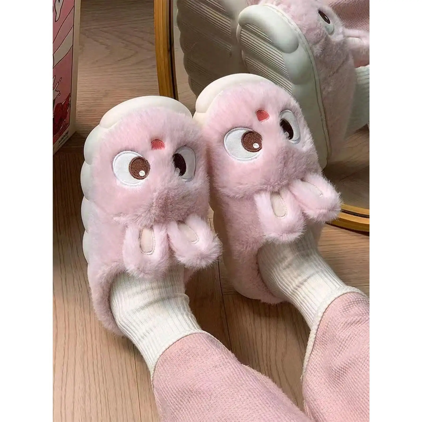 2026 New Style Cartoon Cute Rabbit Slippers for Women, Winter Anti-Slip Warm Comfortable Plush Home Indoor Slides