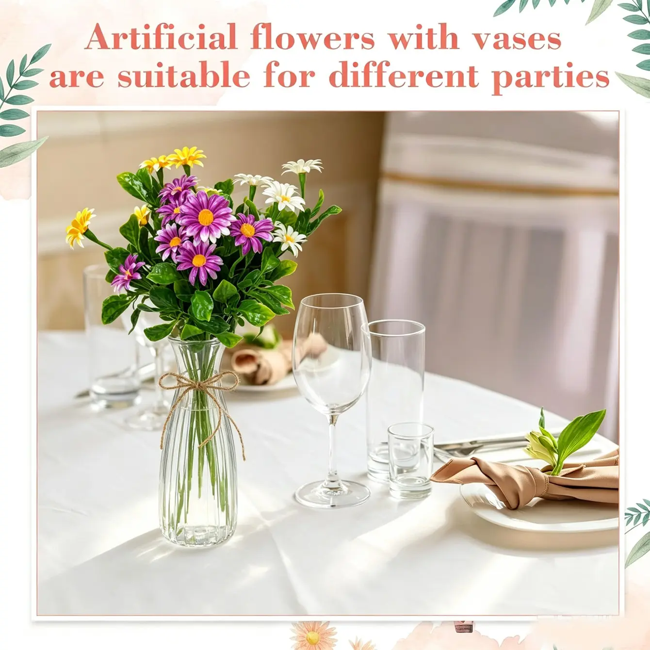 9 Artificial Chrysanthemums, 3 Transparent Plastic Vases, Includes Rope, Table Decor, Wedding Centerpiece, Christmas Decoration, Random Colors