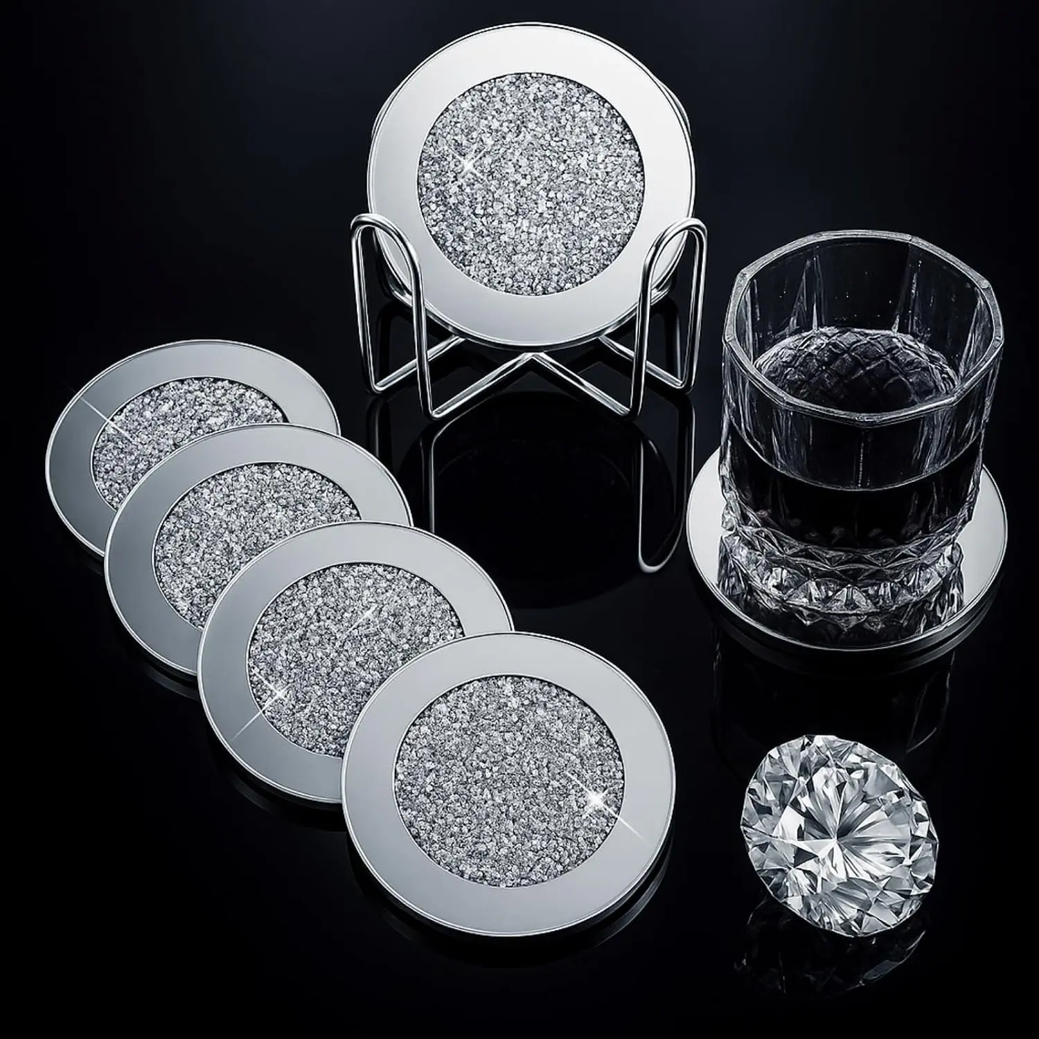 Mirrored Glass Coaster Set of 6 with 1 Holder 4" Crushed Diamond Round Cup Mat Glitter Crystal Rhinestone Glass Coaster Bling Table Decor for Bar Kitchen Gift for Christmas(Silver,4 Inch)