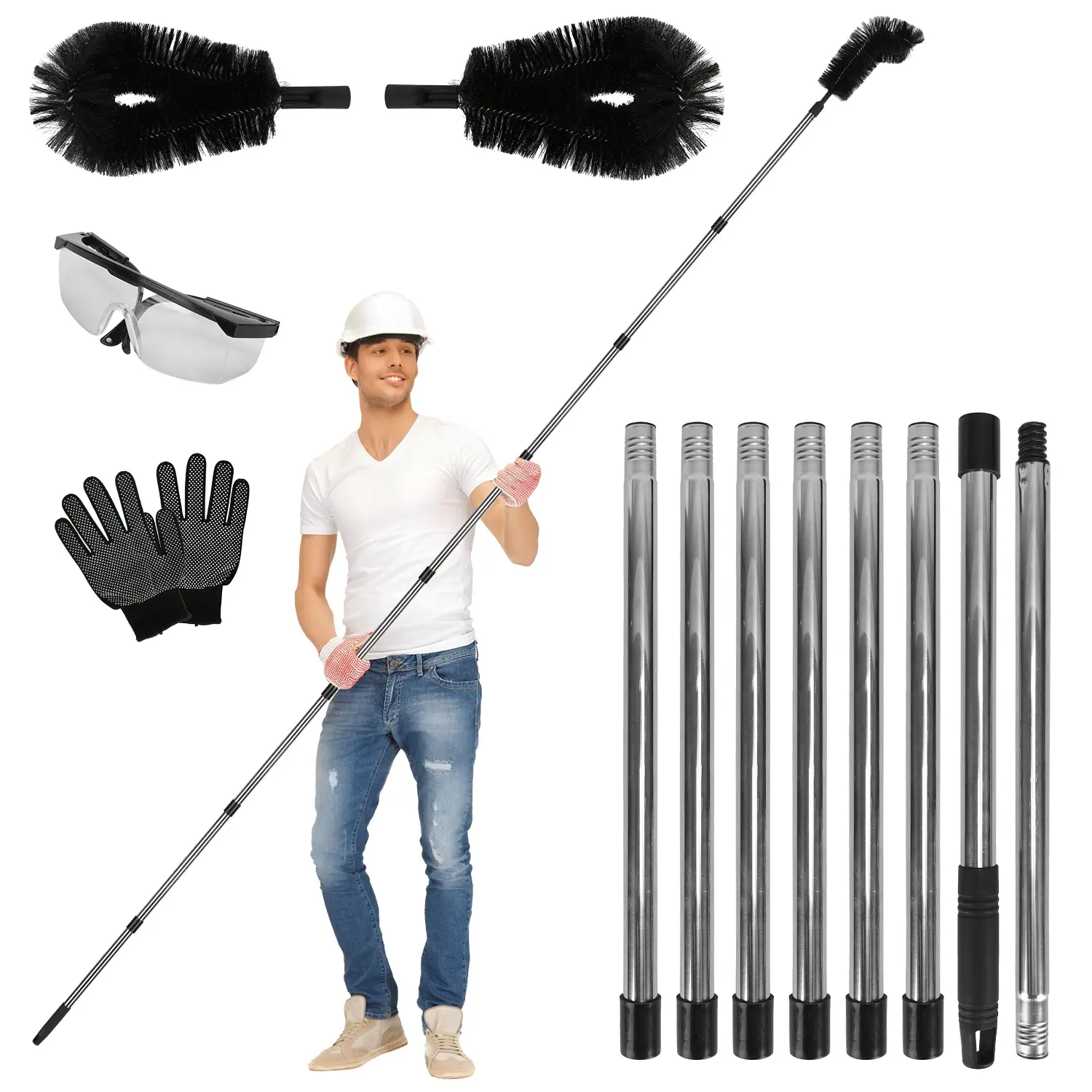 10.5FT Gutter Cleaning Brush With Telescoping Handle Rain Gutter Cleaner Extendable Gutter Cleaning Tool From The Ground with 2 Angled Brushes Anti-slip Gloves Goggles