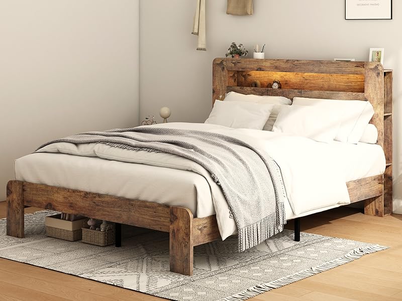 ARCH Wooden Bed Frame Queen Size with Storage Headboard, Farmhouse Platform Bedframe with Bookcase Shelf & Led Lights, Sturdy Wood Slat Framework Bed Frame (Rustic Brown)