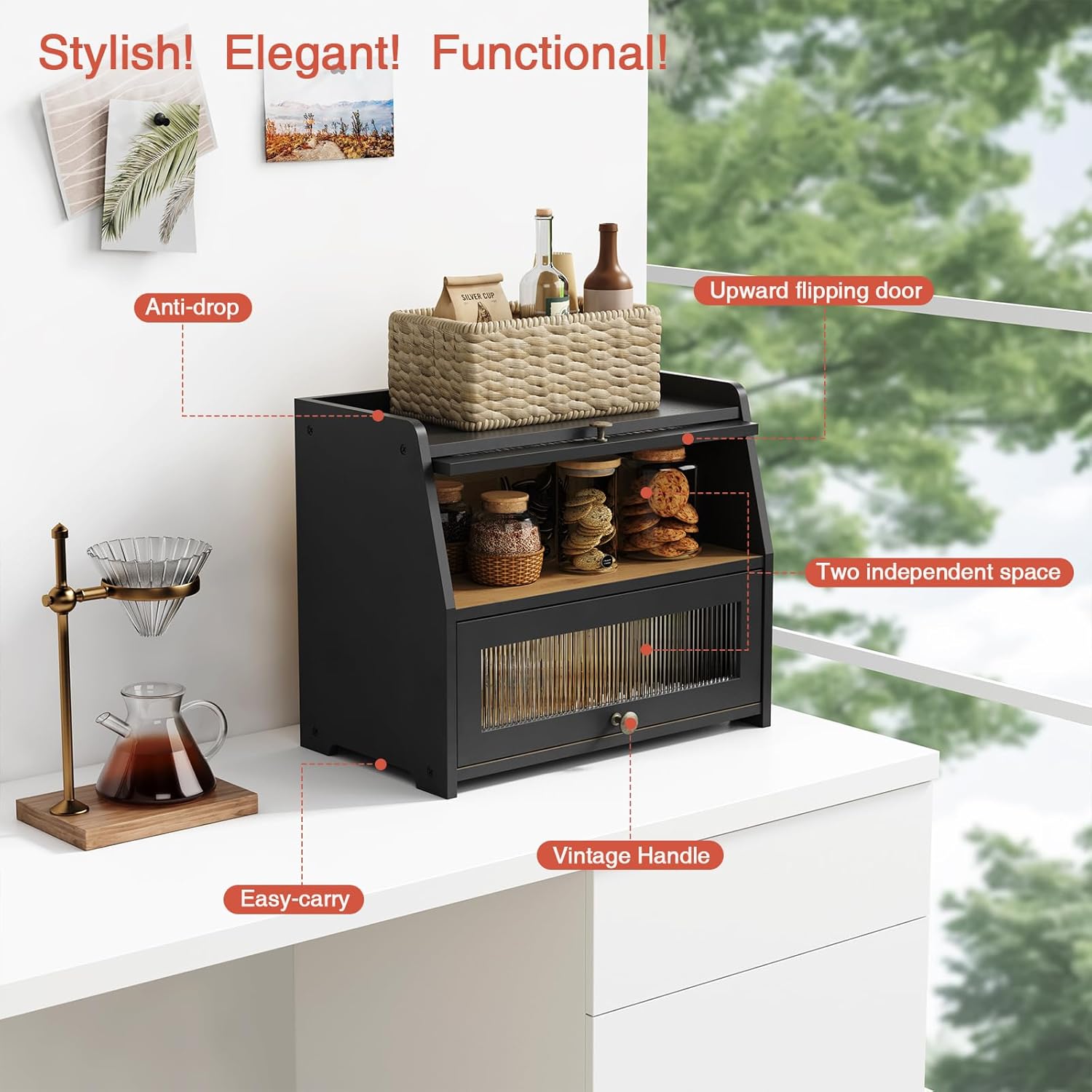 Large Bread Box for Kitchen Countertop, Black Bread Storage Container for Homemade Bread, Double Layer Farmhouse Breadbox Organizer for Kitchen Counter Cabinet, Pantry, Cupboard (Black)