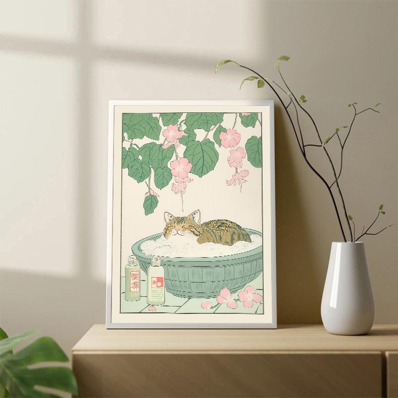 Japanese Tabby Cat in Bathtub Poster Prints Canvas Painting Retro Aesthetic Wall Art Picture Japandi Bathroom Toilet Home Decor