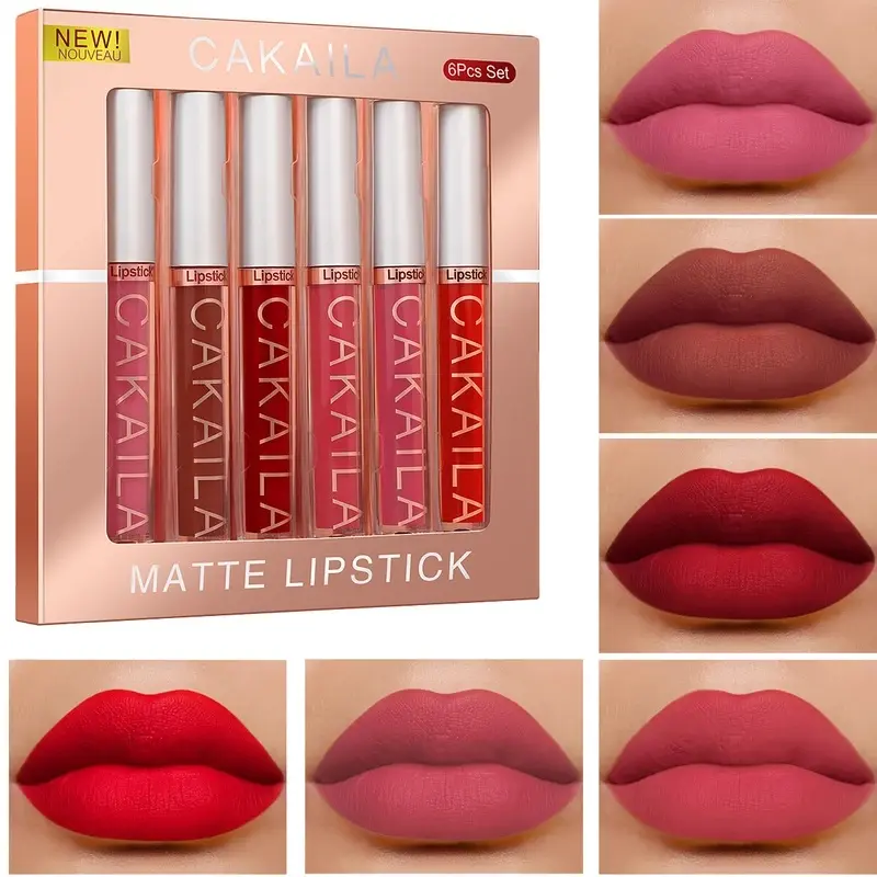 CAKAILA ci 15850 Women's 6-Color Liquid Lipstick & Lip Gloss Set, Matte-Velvet Finish, Long-Lasting, Waterproof, Non-Stick Cup, Non-Fade Makeup