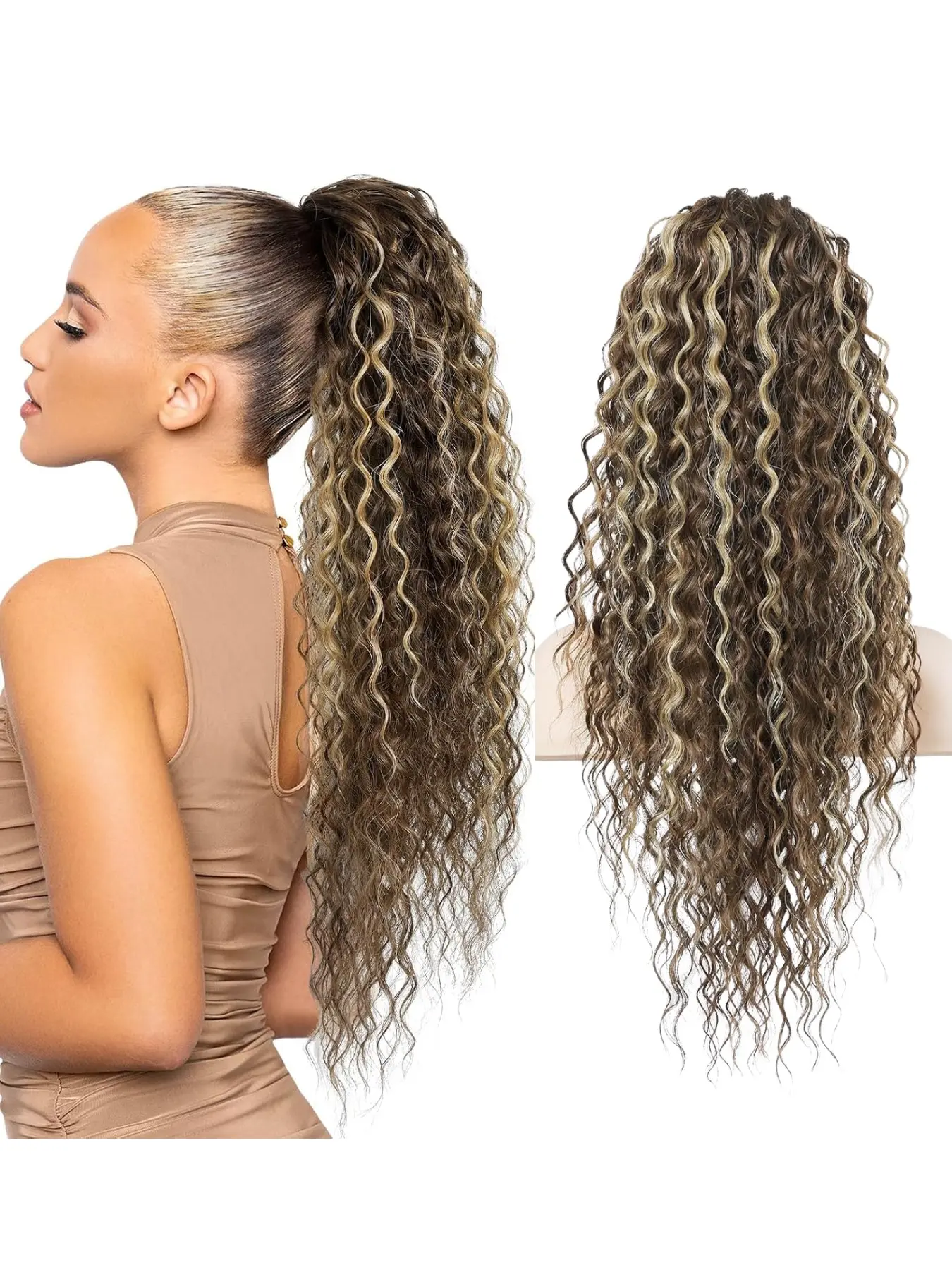 2-in-1 claw clip drawstring ponytail extension braid, 22 inch water wave synthetic fiber, lightweight and stable wig, easy to wear and quick styling, suitable for women's hair accessories, girls' daily parties, vacations and holiday styling