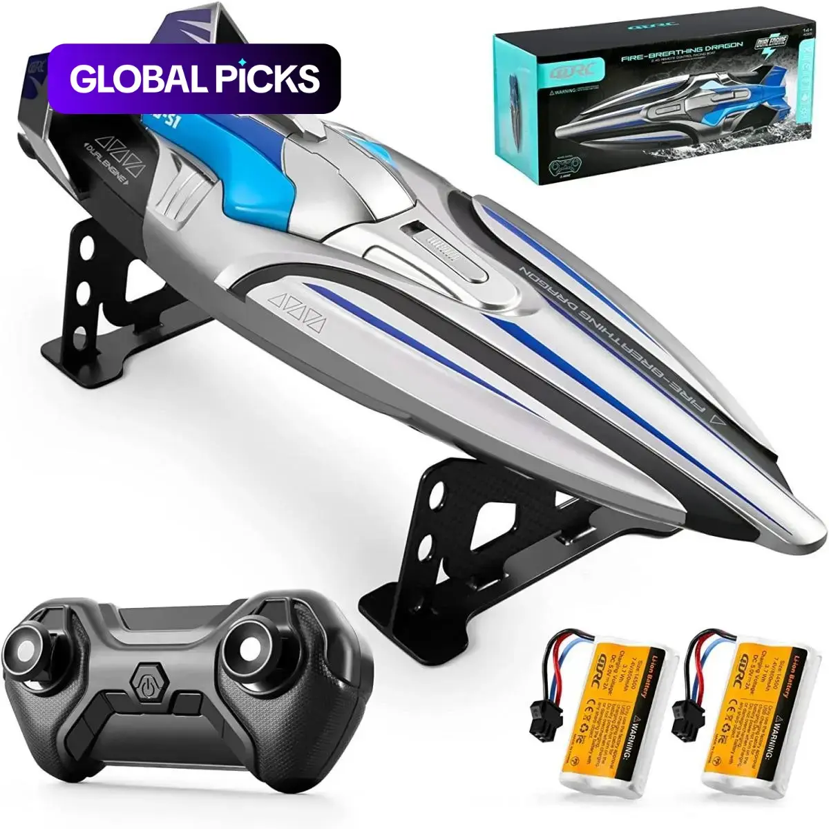 1 piece, silver/green 4DRC S1 RC boat remote control boat, 20+ MPH racing boat, 2.4GHz, dual motor output, low power/long-distance alarm, suitable for playing in pools/lakes, summer remote control toy, gift for children/adults/birthdays/Christmas.