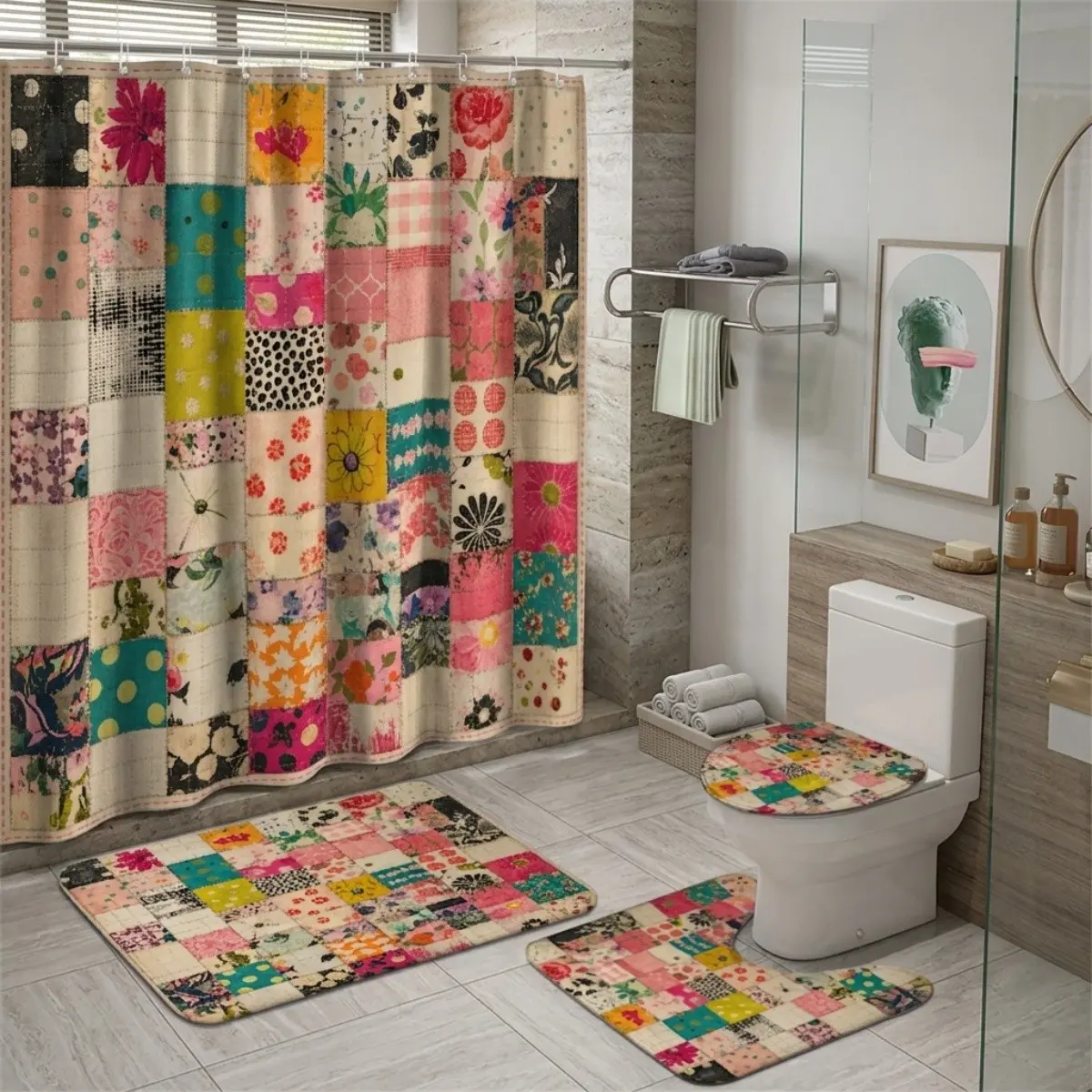 4pcs Boho Patchwork Bathroom Decor Set, Vibrant Quilt Pattern Shower Curtain, Non-Slip Bath Rugs, Eclectic Floral and Geometric Art, Bathroom Curtains Shower Set