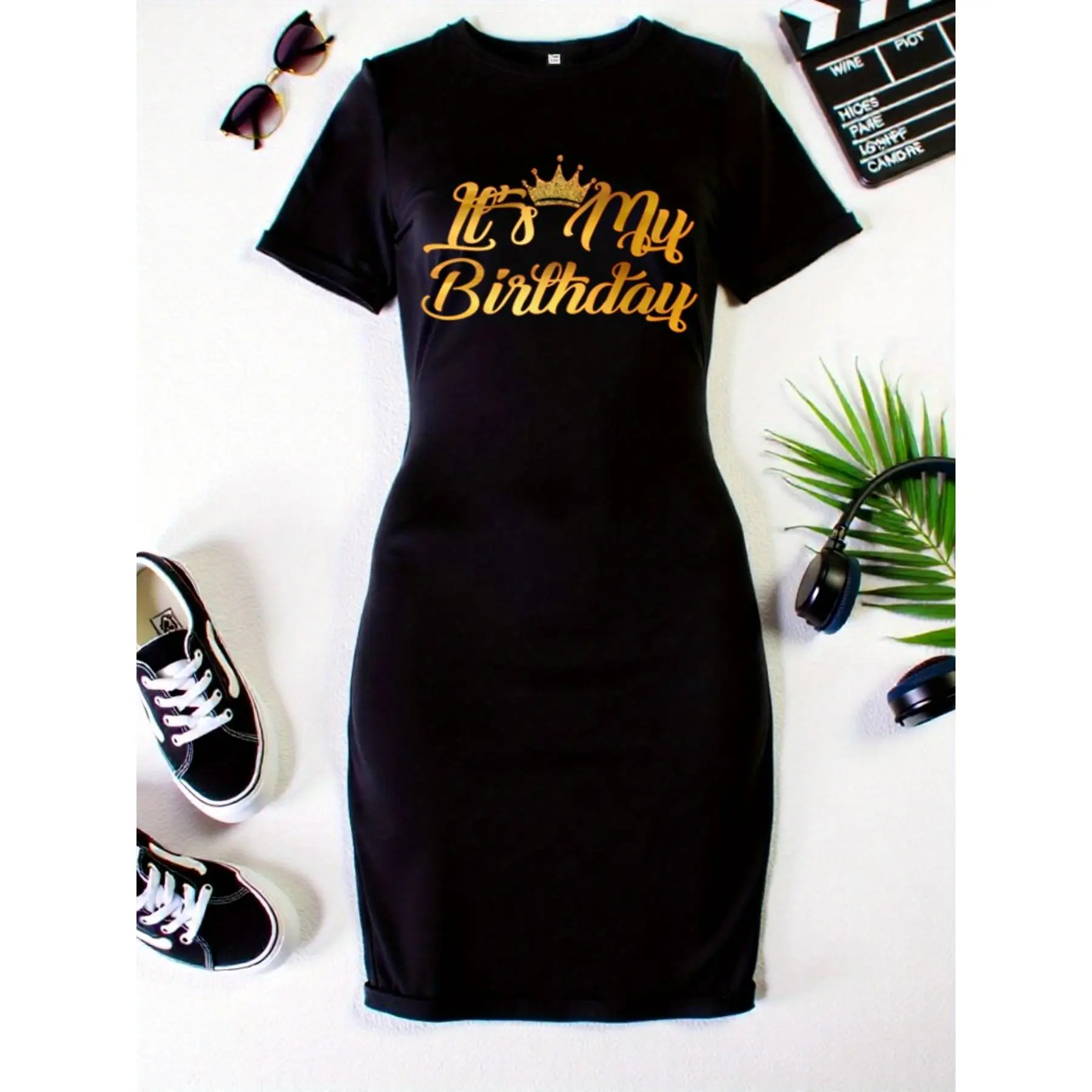 Black Dress for Women Featuring a Golden Letter Print That Says 'My Birthday'. This Casual Yet Elegant Round Neck T-Shirt Dress Is Made from Stretch Fabric, Machine Washable, And Perfect for Parties, Dates, And Everyday Wear During Spring, Summer