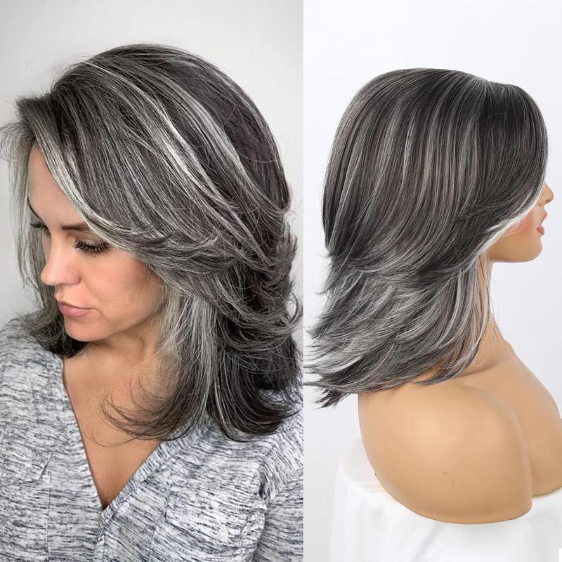 Dark Gray Ombre Layered Wigs with Curtain Bangs for Black Women Mixed Short Gray Highlight Wavy Layered Wig for White Women Black ang Grey Wavy Bob Hair for Daily Use Natural Looking Mixed Wigs for Thinning Hair Daily and Cosplay