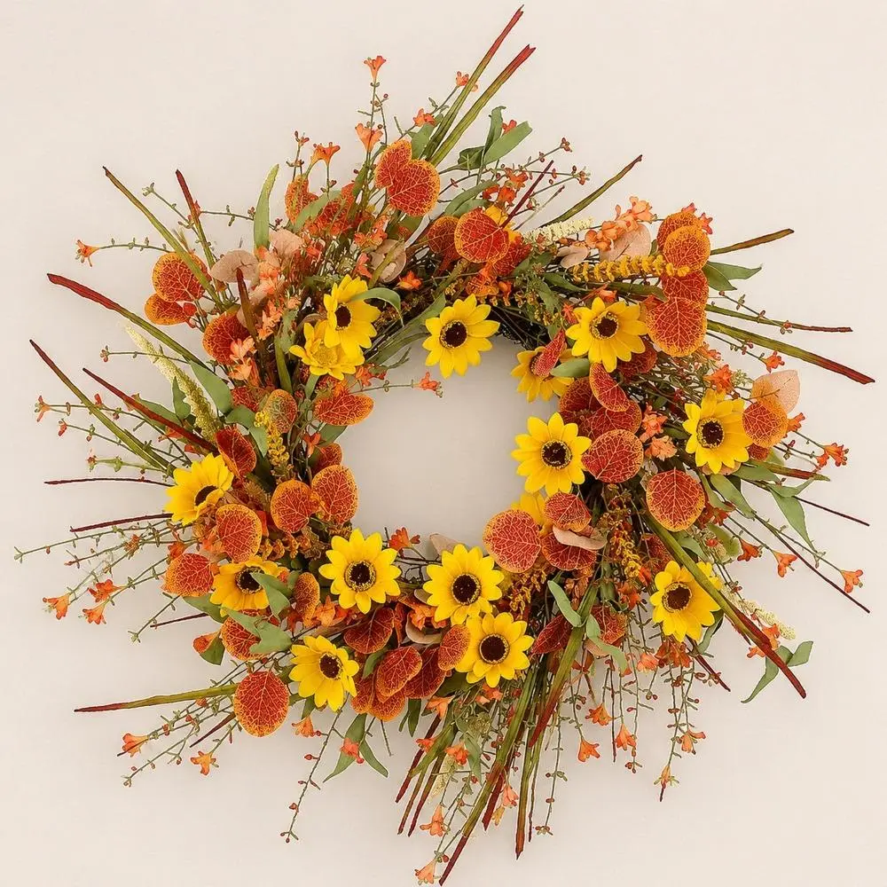 Lightweight Autumn Sunflower Wreath, Fall Harvest Decoration with Orange-Red Veined Leaves, Wheat Stalks, Yellow Flowers for Front Door, Thanksgiving Farmhouse Sunshine Decor