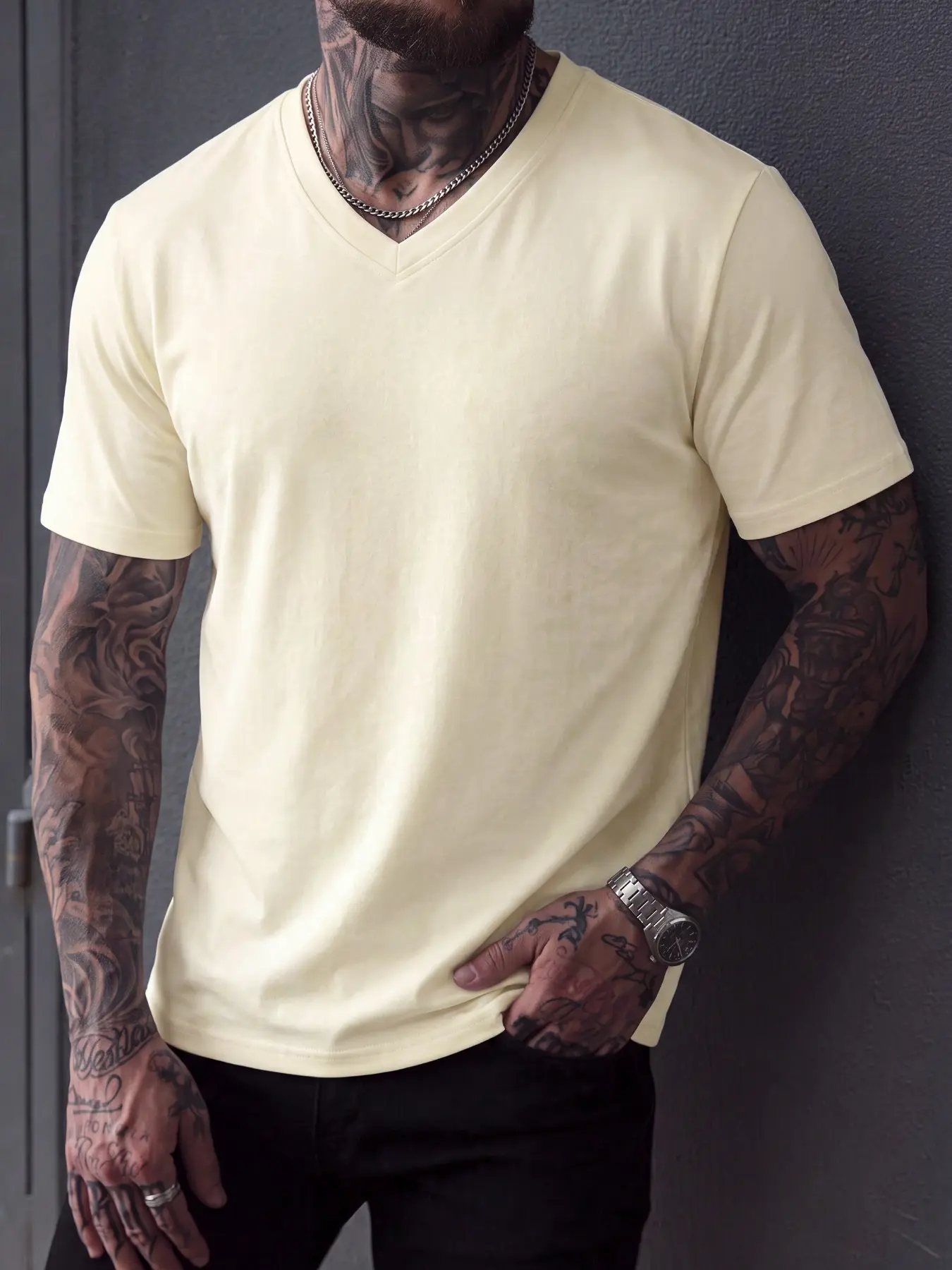 Men's Slim Fit Cotton V-Neck T-Shirt, Casual Short Sleeve Top, Comfortable Solid Color Tee, Essential Daily Wear, Plain Surface Design, Menswear