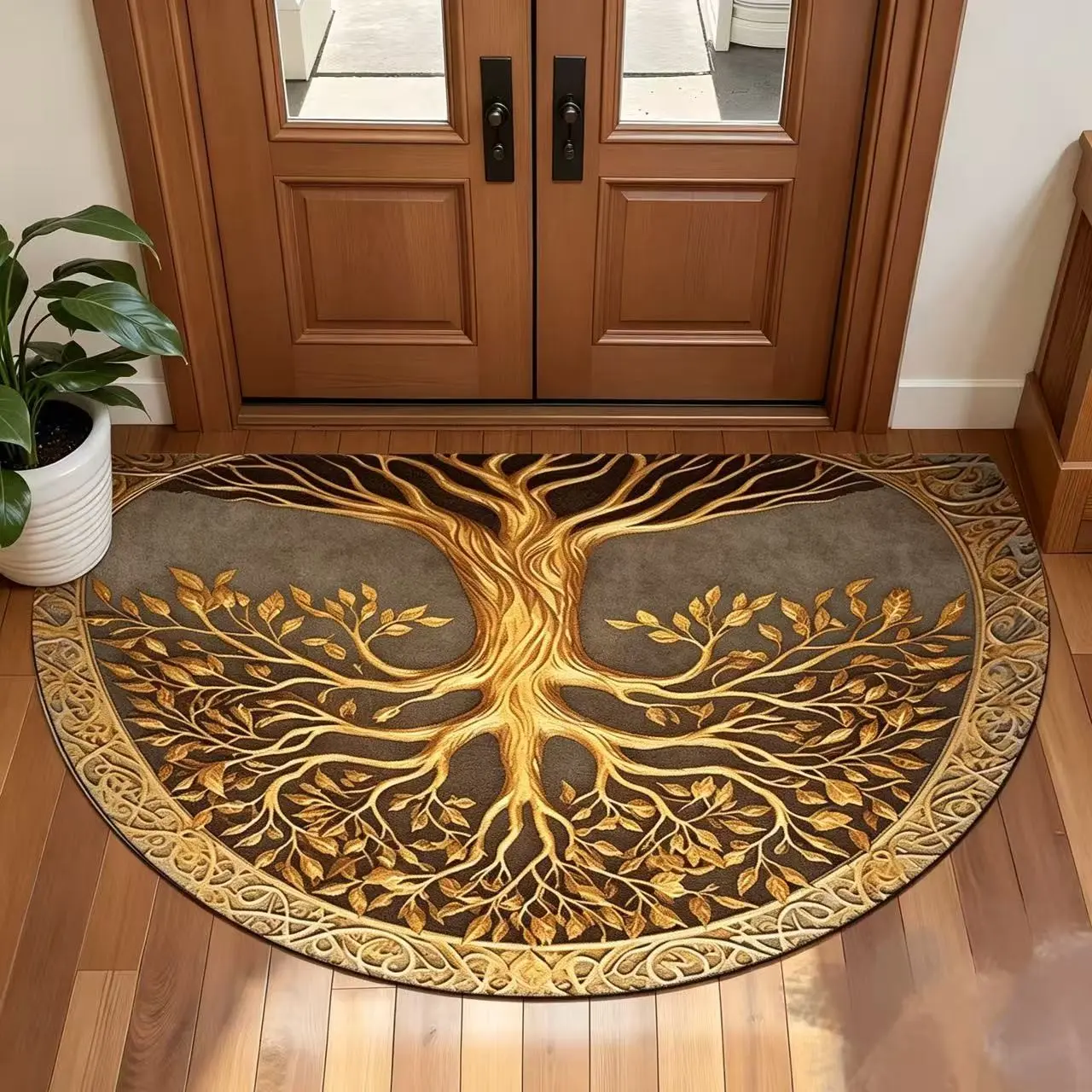 1 piece Golden Tree of Life pattern, oversized doormat, semi-circular entrance rug - welcome mat, machine washable, suitable for living room, bedroom, kitchen, office, farmhouse, study, laundry room, indoor and outdoor doormat, premium flannel +